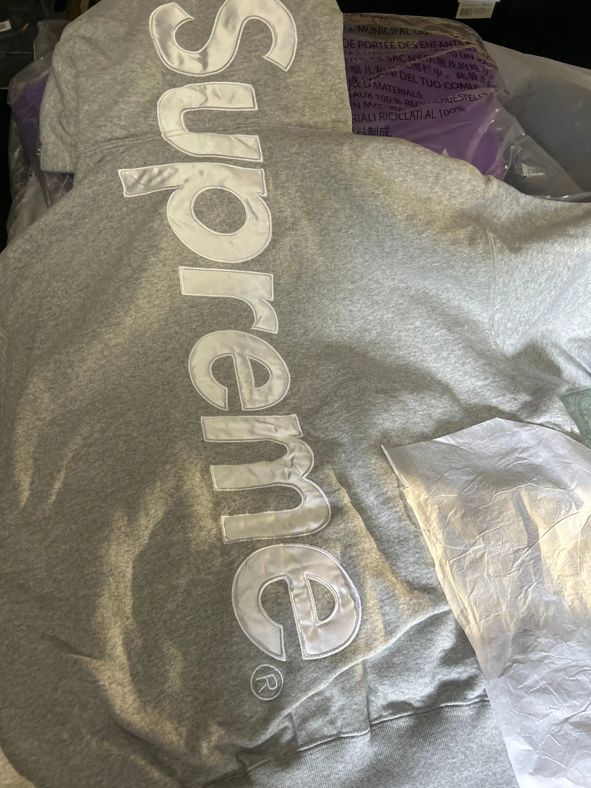 Supreme Satin Appliqué Hooded Sweatshirt (FW25) Gray Medium