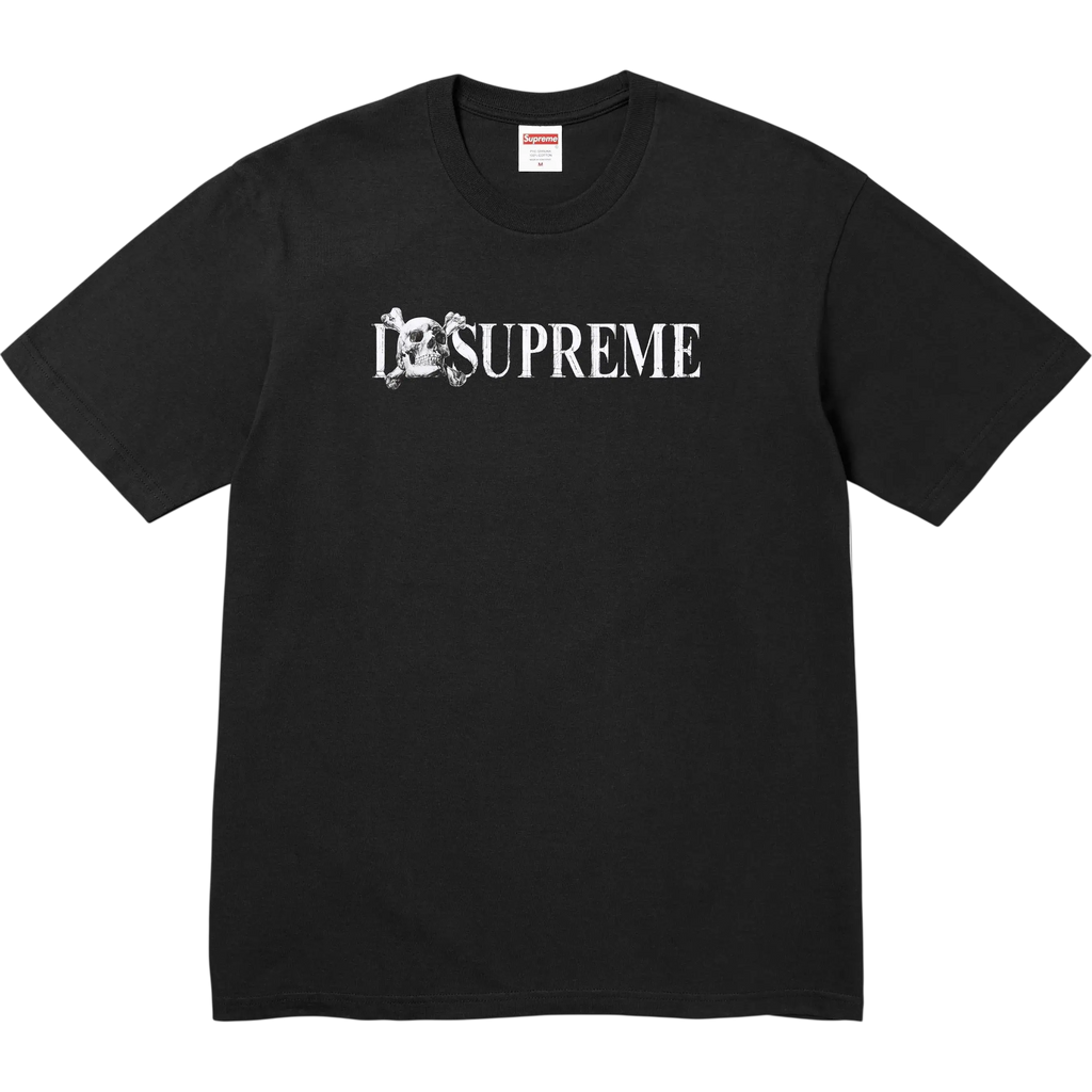 Black Supreme skull t-shirt featuring a white ds Supreme logo with ornate detailing on the front