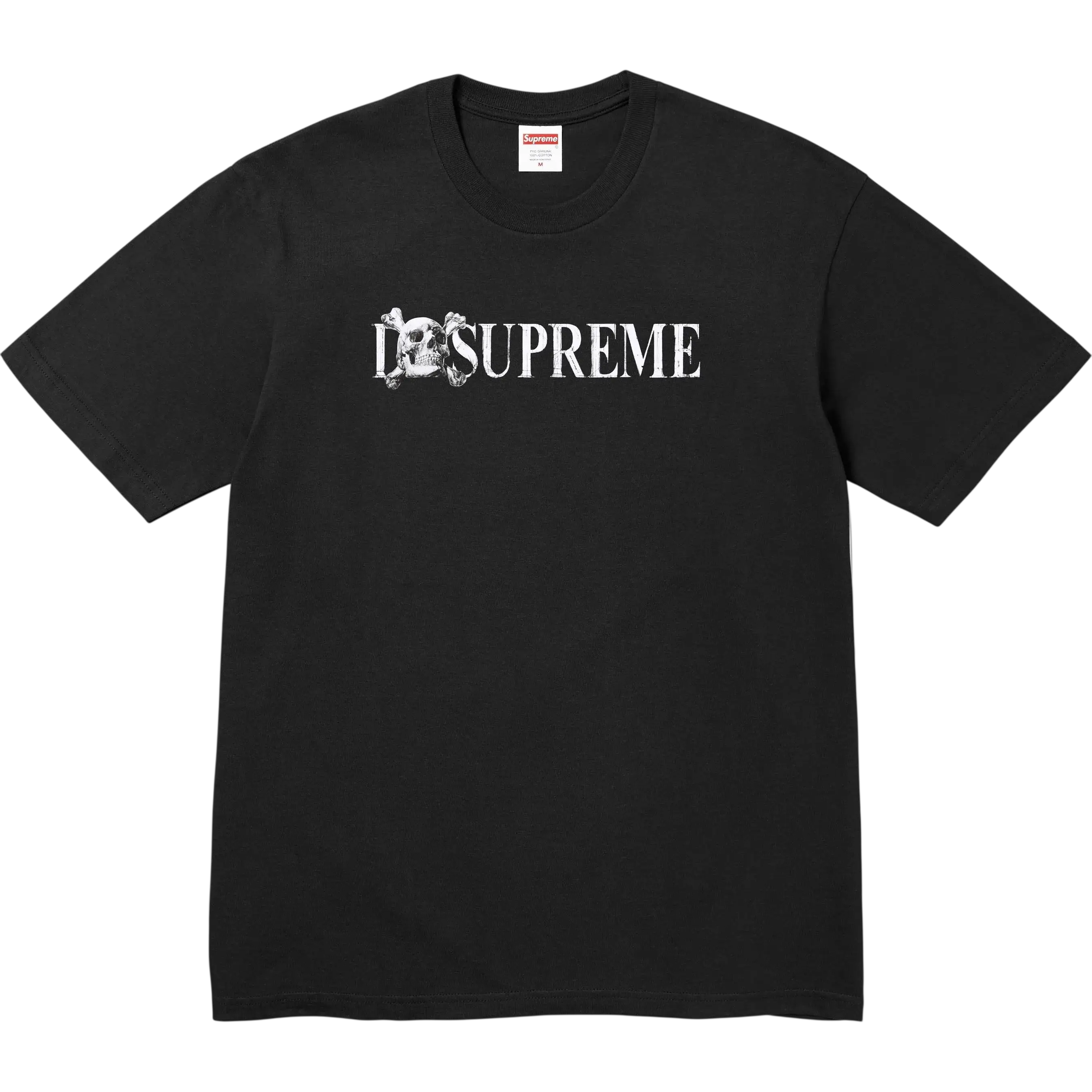 Black Supreme skull t-shirt featuring a white ds Supreme logo with ornate detailing on the front