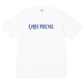 White Supreme Skull t-shirt featuring a blue i Supreme logo and an embroidered crest design on the front