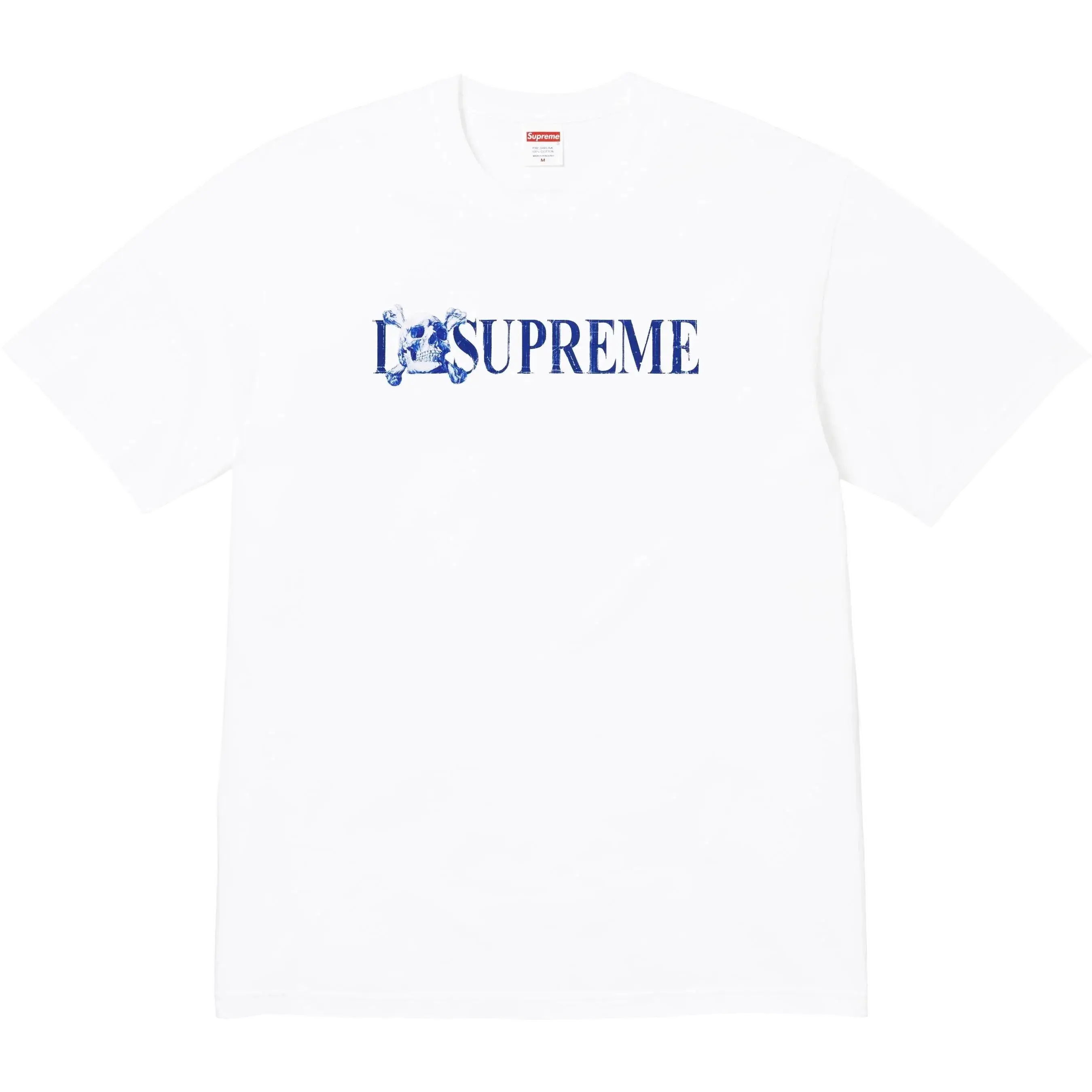White Supreme Skull t-shirt featuring a blue i Supreme logo and an embroidered crest design on the front