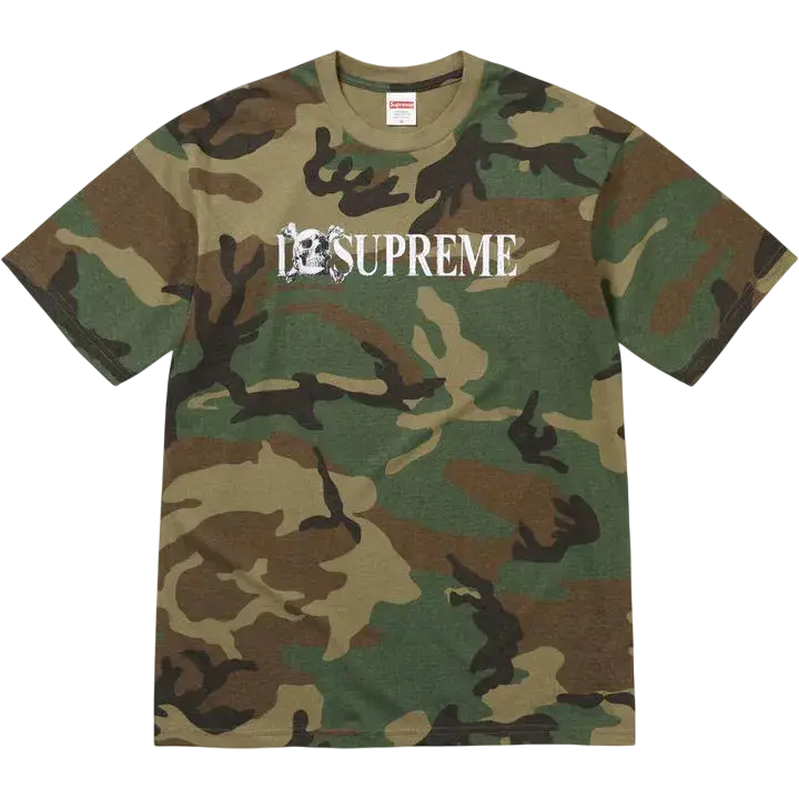 Supreme skull t-shirt in woodland camo pattern with white logo across the chest in cotton material