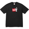 Black Supreme t-shirt featuring a white stick figure graphic holding the red box logo on the front