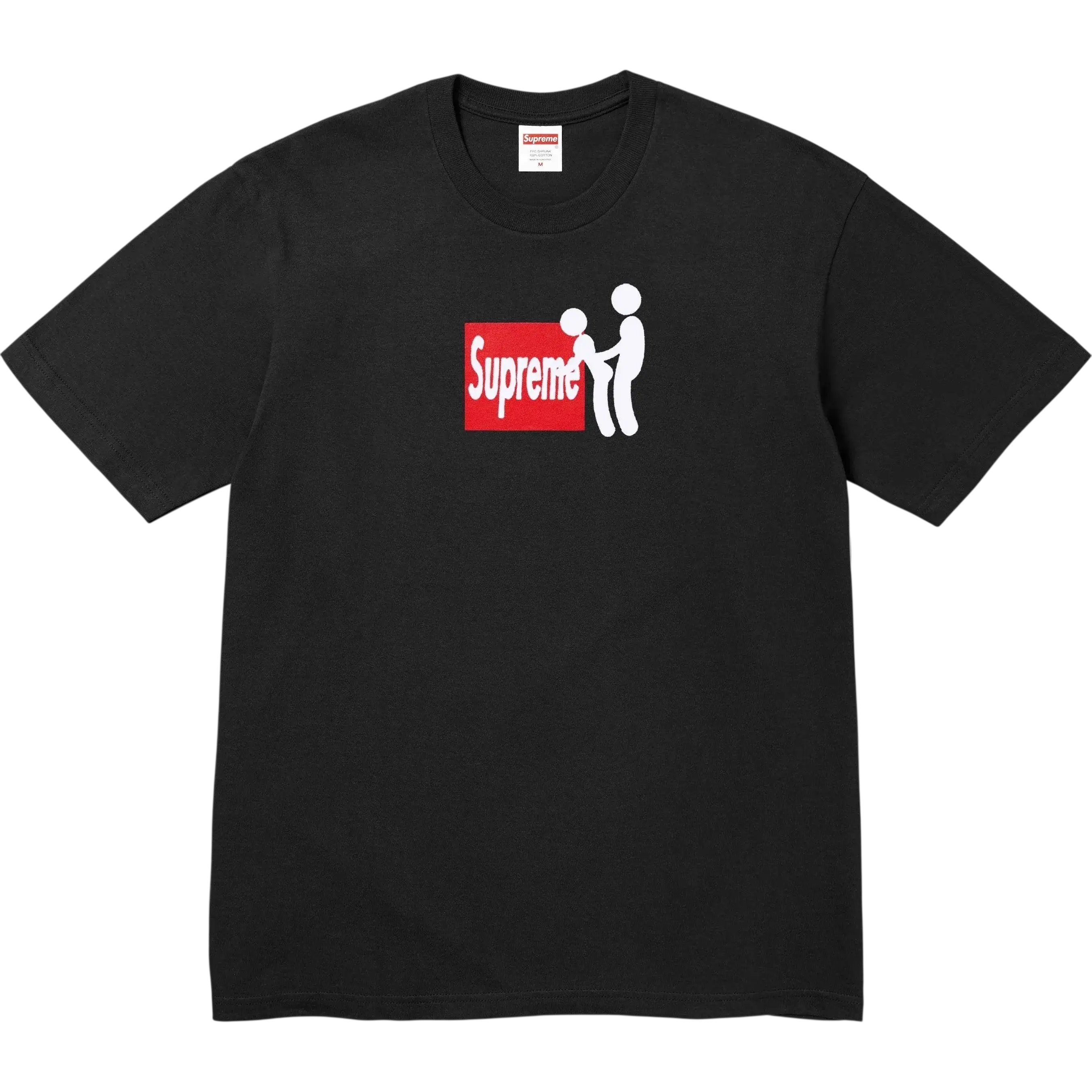 Black Supreme t-shirt featuring a white stick figure graphic holding the red box logo on the front