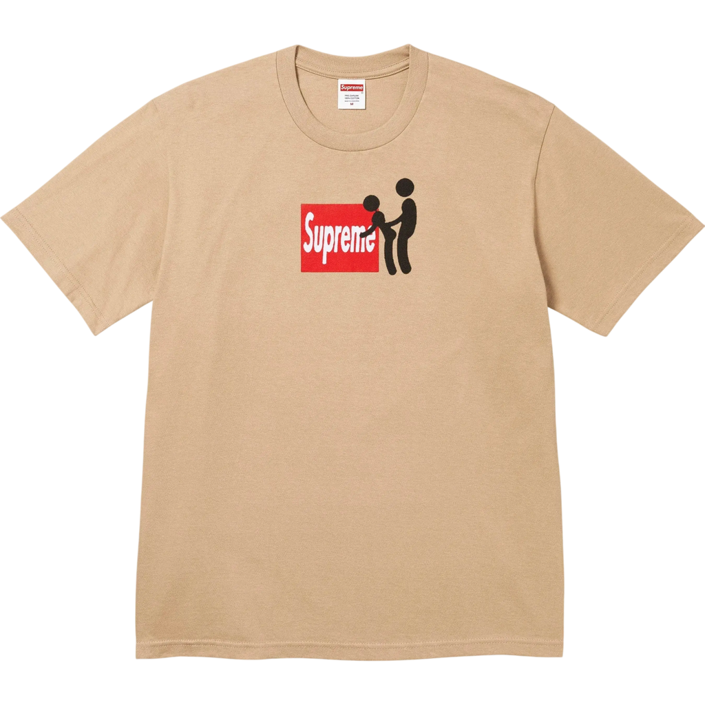 Beige Supreme Stick T-shirt with red rectangular logo and black stick figures on front in khaki color