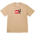 Beige Supreme Stick T-shirt with red rectangular logo and black stick figures on front in khaki color