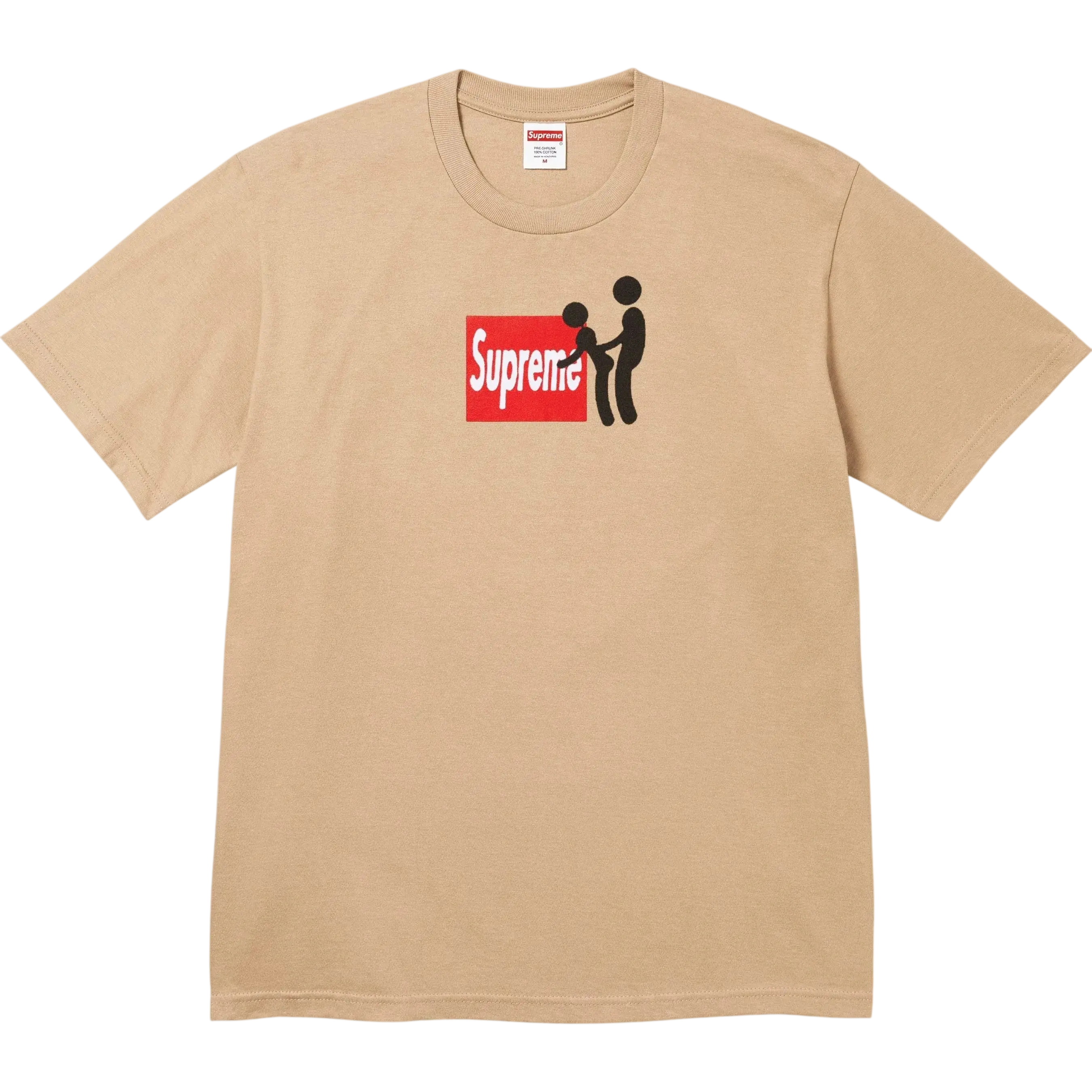 Beige Supreme Stick T-shirt with red rectangular logo and black stick figures on front in khaki color