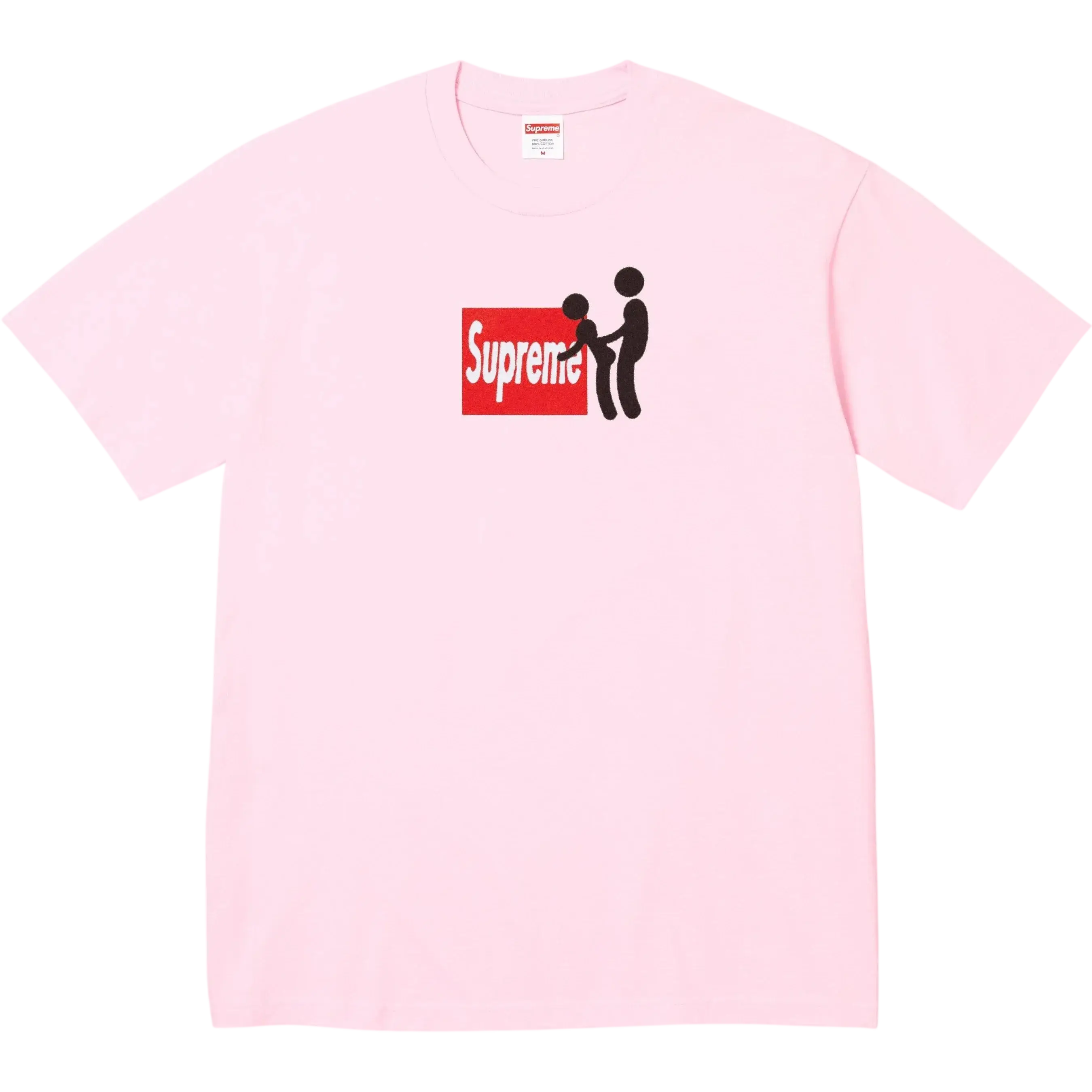 Pink supreme stick t-shirt with black stick figure graphic on red rectangular background front view