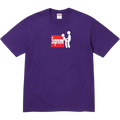 Purple Supreme stick T-shirt featuring a white stick figure logo on a red rectangular background