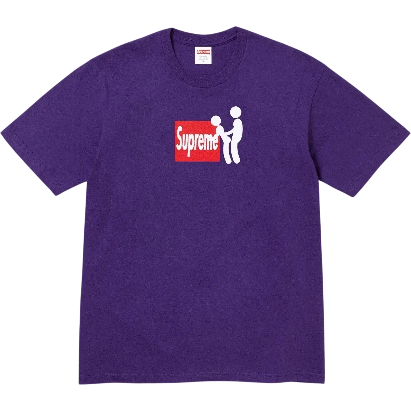 Purple Supreme stick T-shirt featuring a white stick figure logo on a red rectangular background