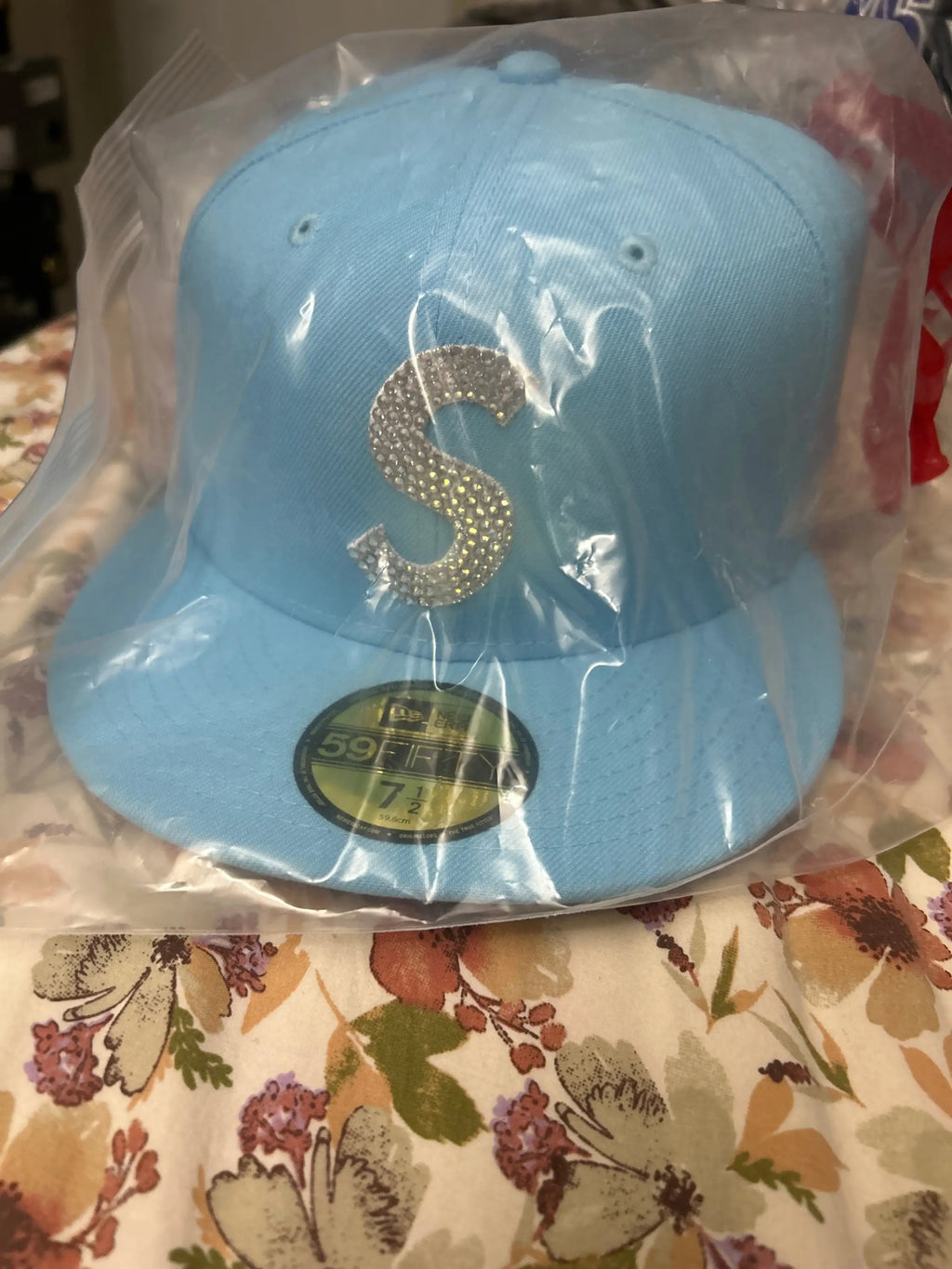 Supreme Swarovski S Logo New Era 59Fifty Fitted Hat Light Blue 7 1/2”