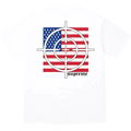 White supreme target t-shirt featuring an american flag graphic with a white circular target design on the front