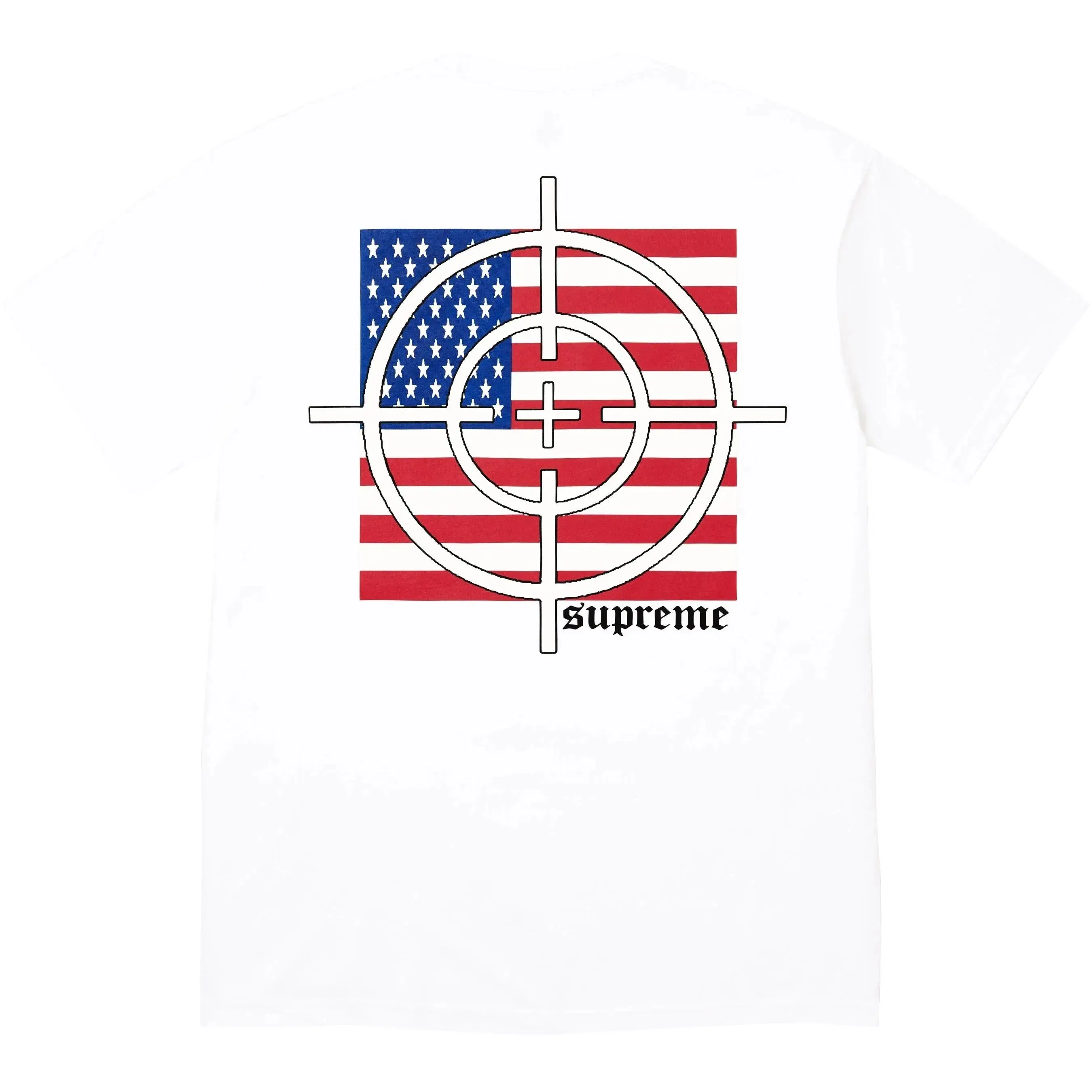 White supreme target t-shirt featuring an american flag graphic with a white circular target design on the front