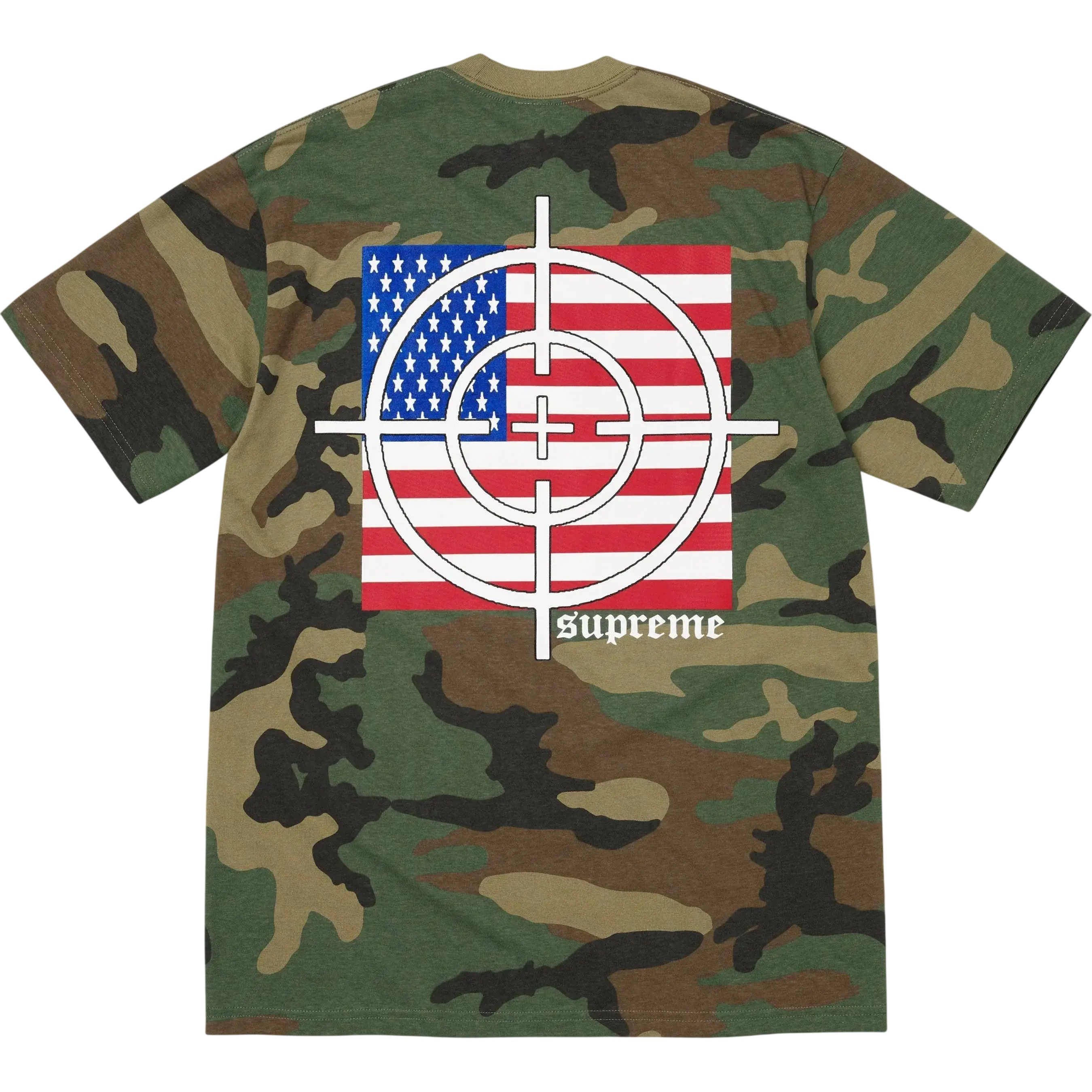 Back of a camouflage-patterned supreme target t-shirt with white target design over american flag in woodland camo colors