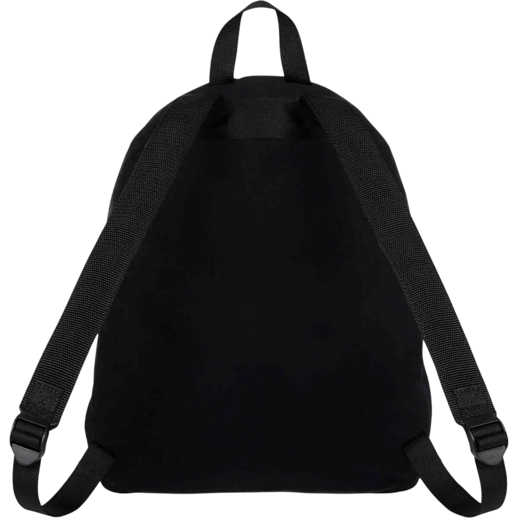Supreme velvet backpack black with black nylon body textured shoulder straps and top handle shown from the back side