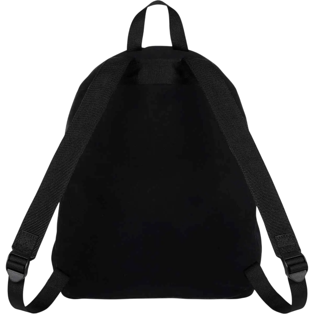 Supreme velvet backpack black with black nylon body textured shoulder straps and top handle shown from the back side