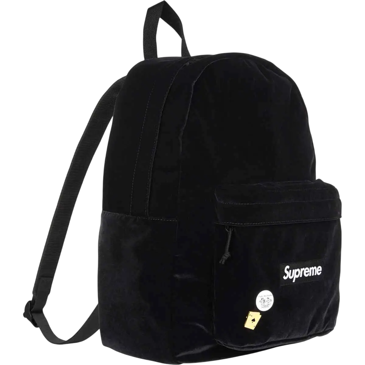 Black velvet Supreme backpack with front pocket featuring brand logo and decorative pins in black color