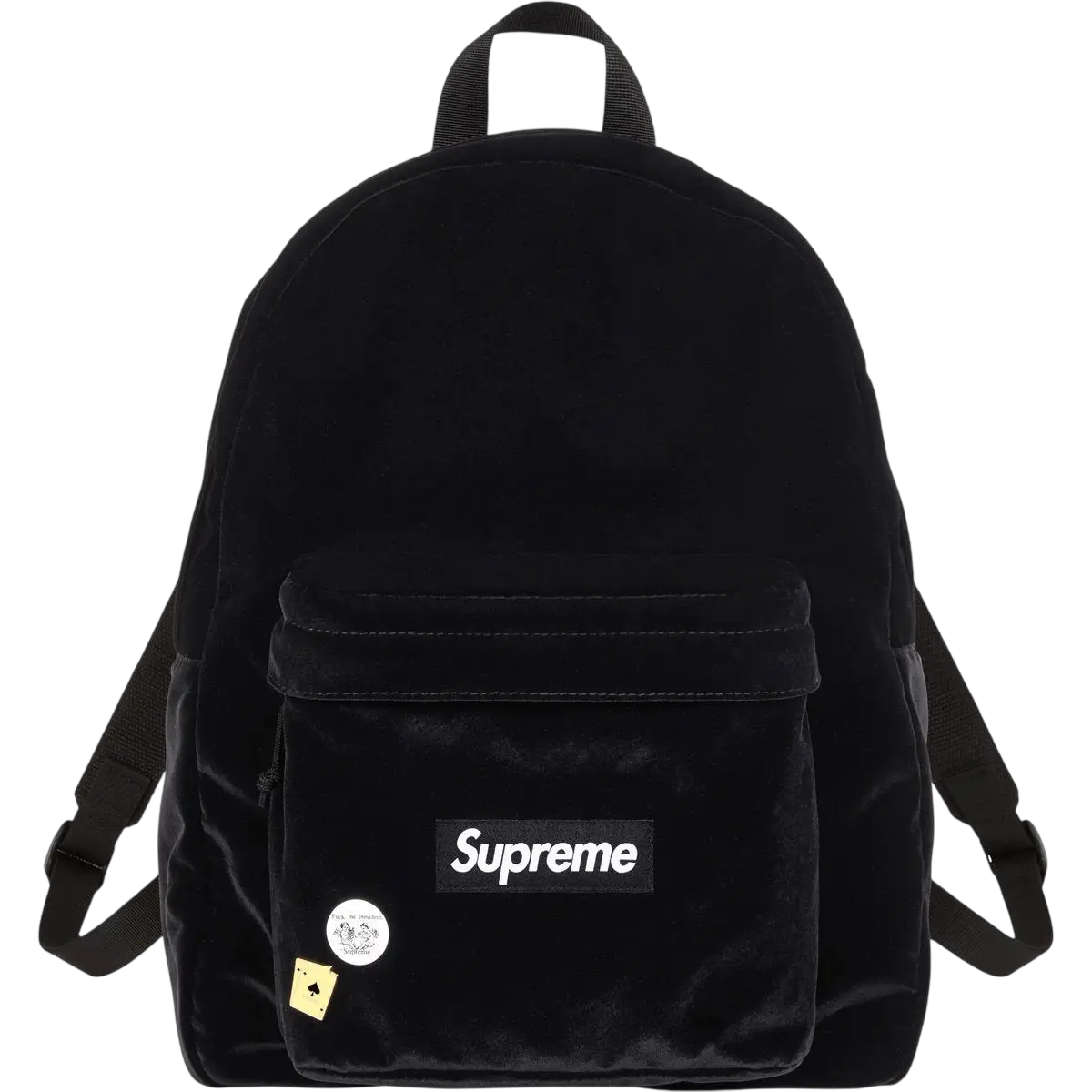 Black velvet supreme backpack with white logo patch and decorative pins showcasing front design