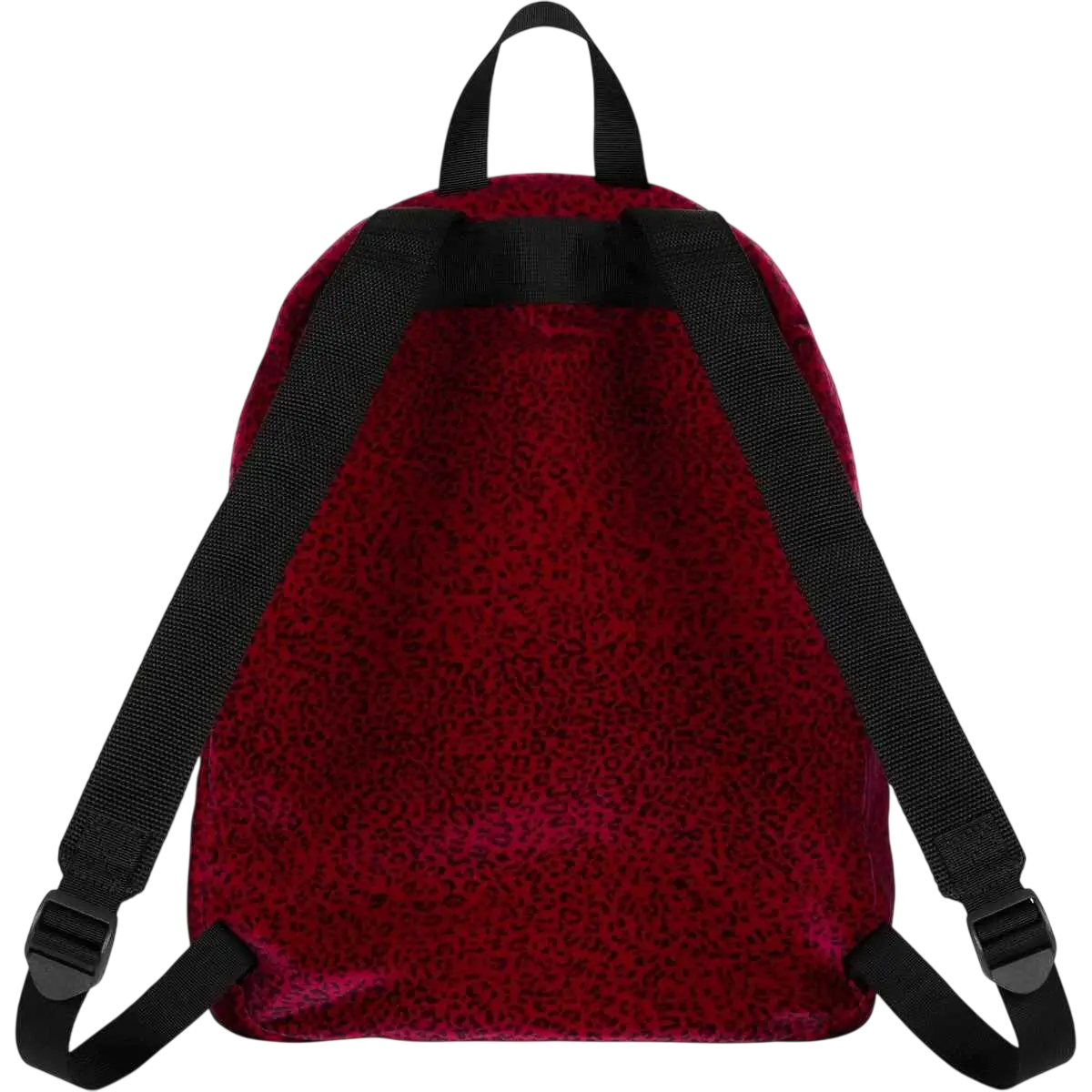 Supreme velvet backpack in red with leopard print features black straps and buckles in red velvet material
