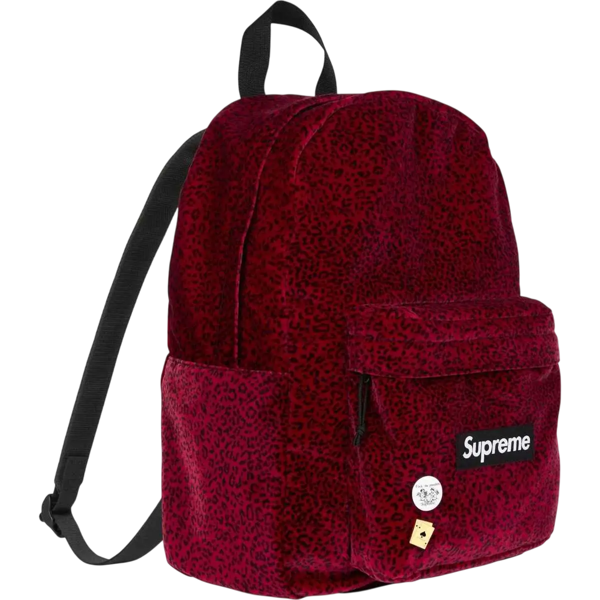 A deep red velvet supreme backpack with subtle leopard print and black straps featuring the logo patch