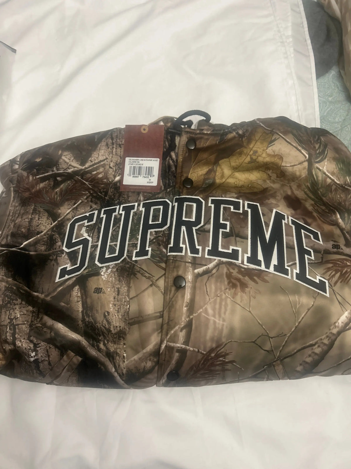 Supreme x Mitchell & Ness Lined Hooded Satin Varsity Jacket Realtree Camo Medium