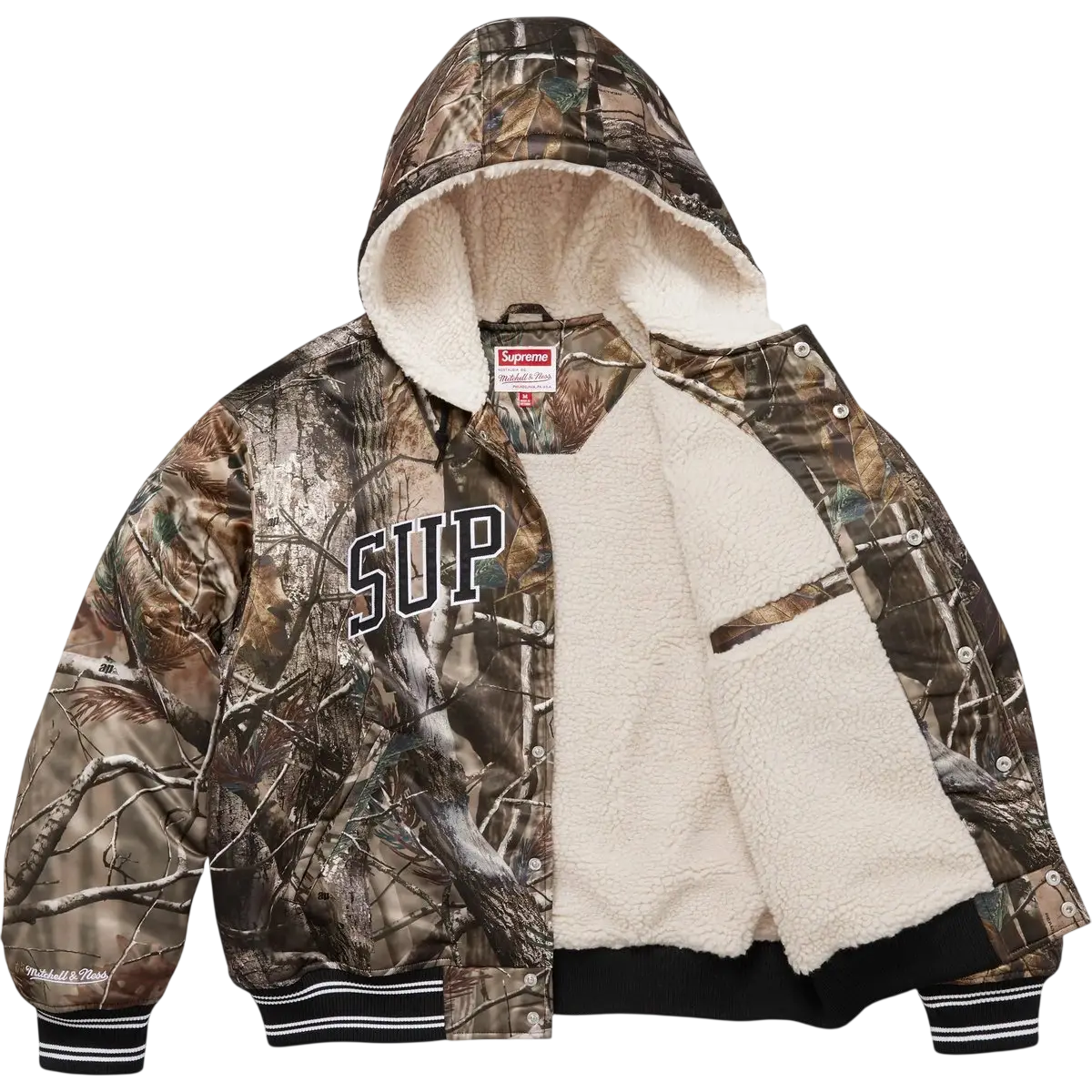 Supreme x Mitchell & Ness Lined Hooded Satin Varsity Jacket Realtree Camo - M
