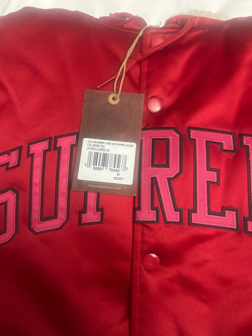 Supreme x Mitchell & Ness Lined Hooded Satin Varsity Jacket Red