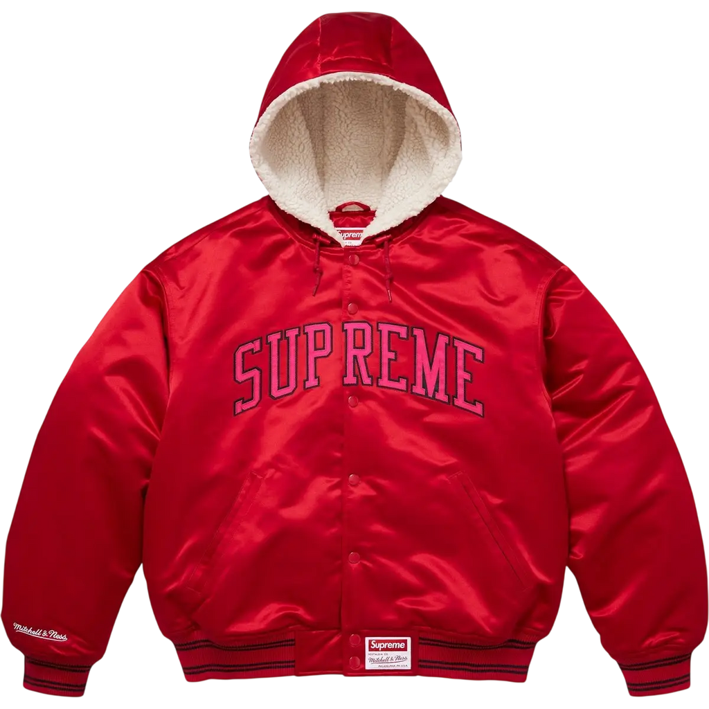 Supreme x Mitchell & Ness Lined Hooded Satin Varsity Jacket Red - M