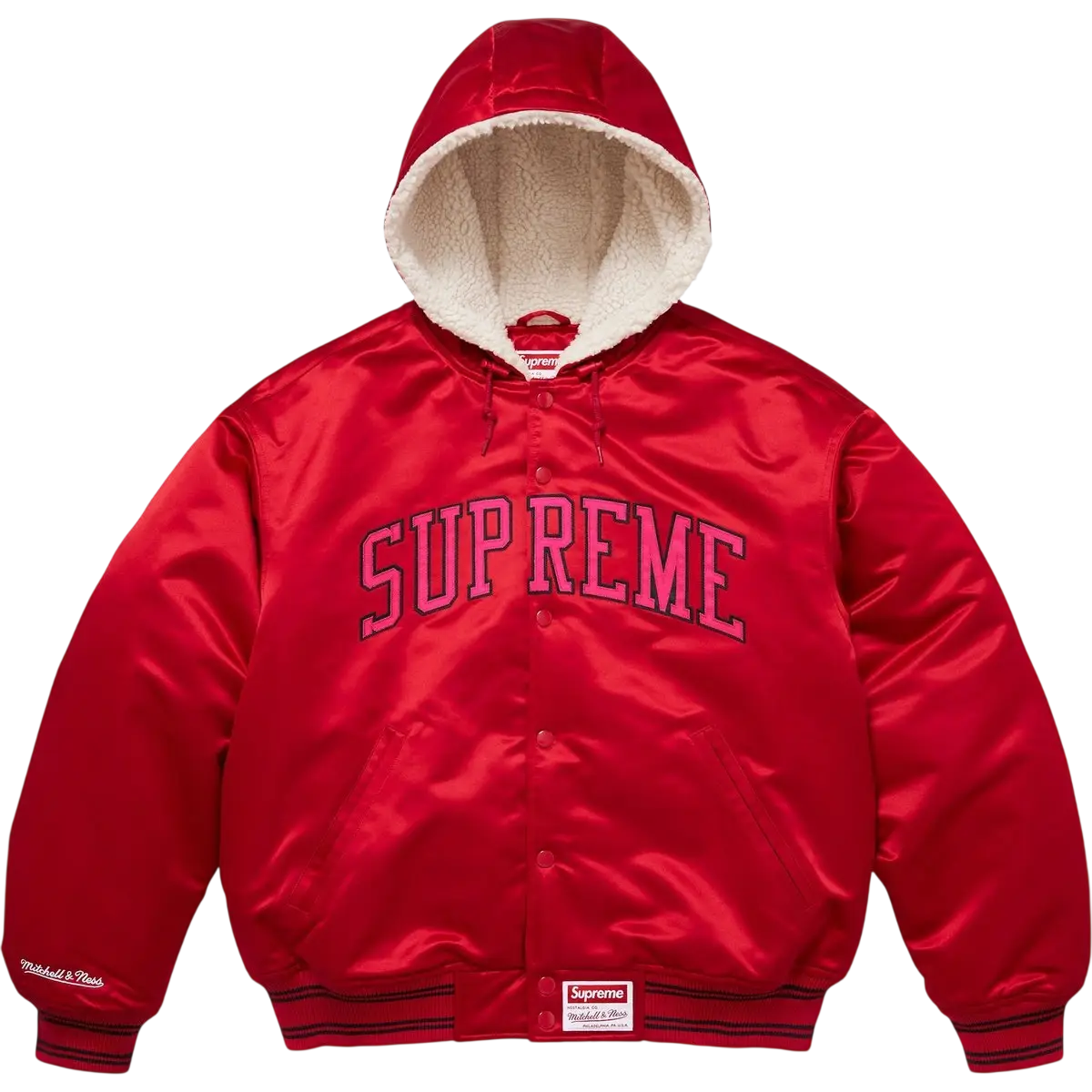 Supreme x Mitchell & Ness Lined Hooded Satin Varsity Jacket Red - M