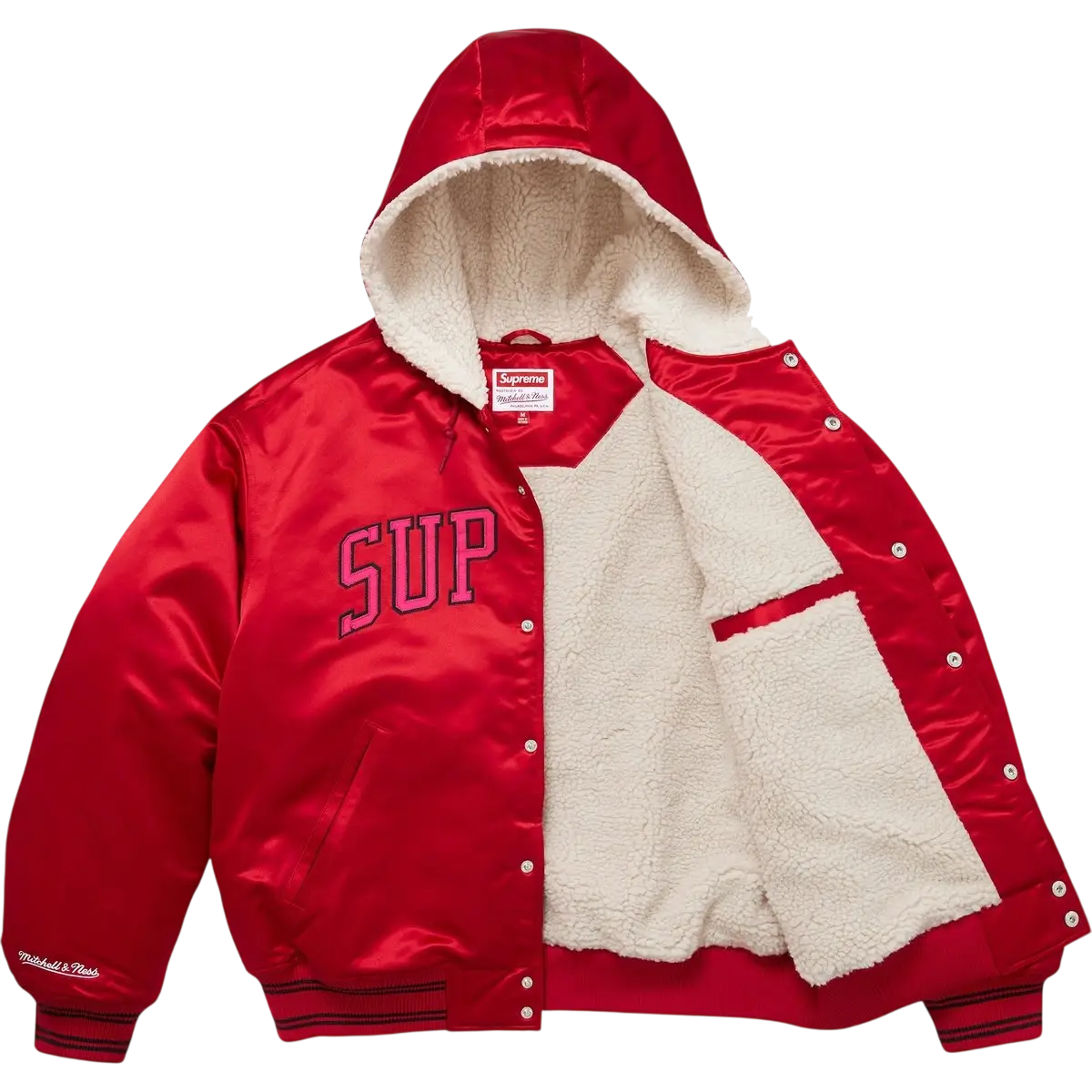 Supreme x Mitchell & Ness Lined Hooded Satin Varsity Jacket Red - M