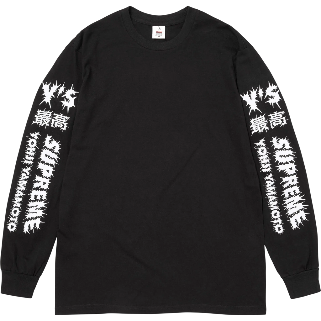 Black long-sleeve cotton t-shirt by Supreme Y’s Yohji Yamamoto with white spiky-edged text graphics on both sleeves