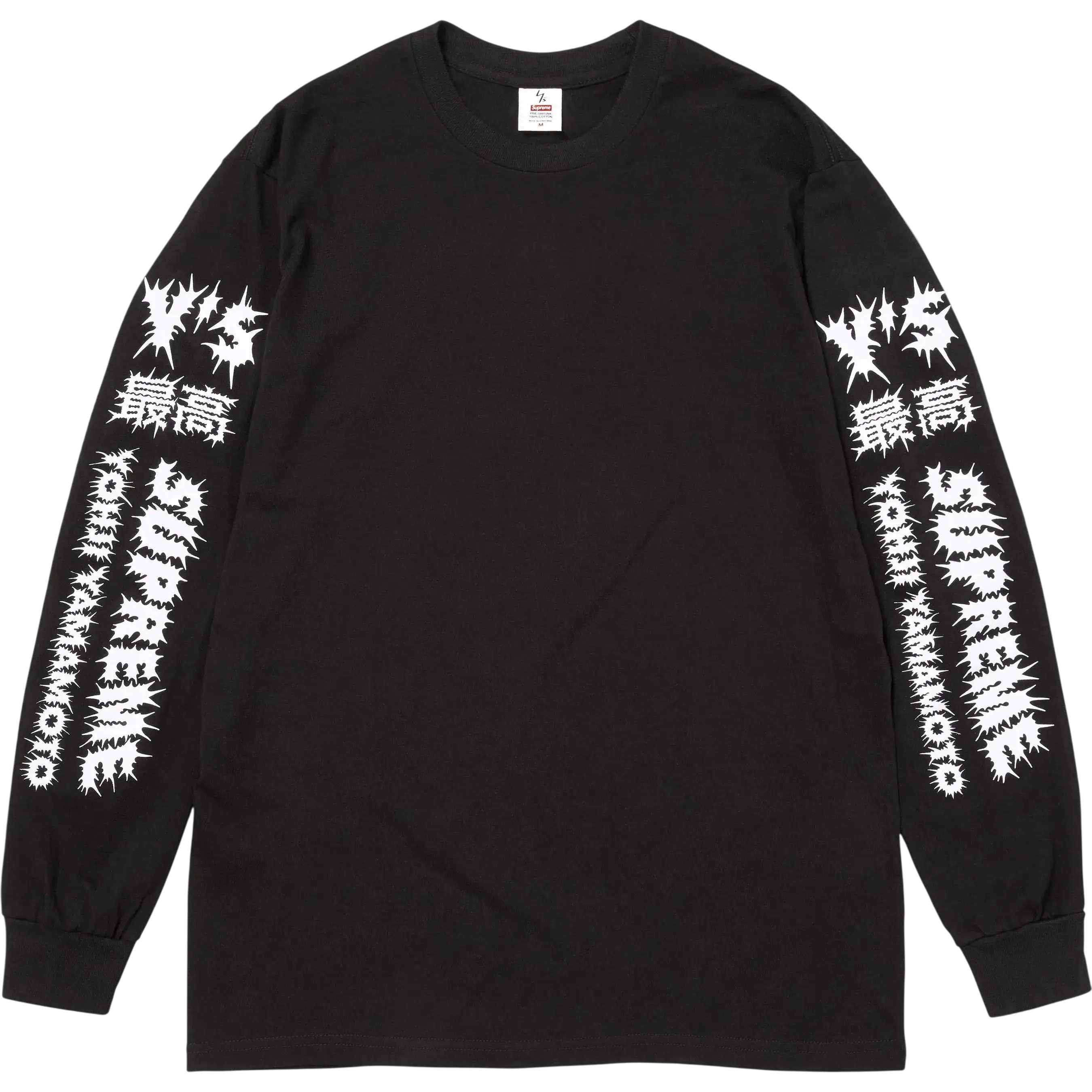 Black long-sleeve cotton t-shirt by Supreme Y’s Yohji Yamamoto with white spiky-edged text graphics on both sleeves