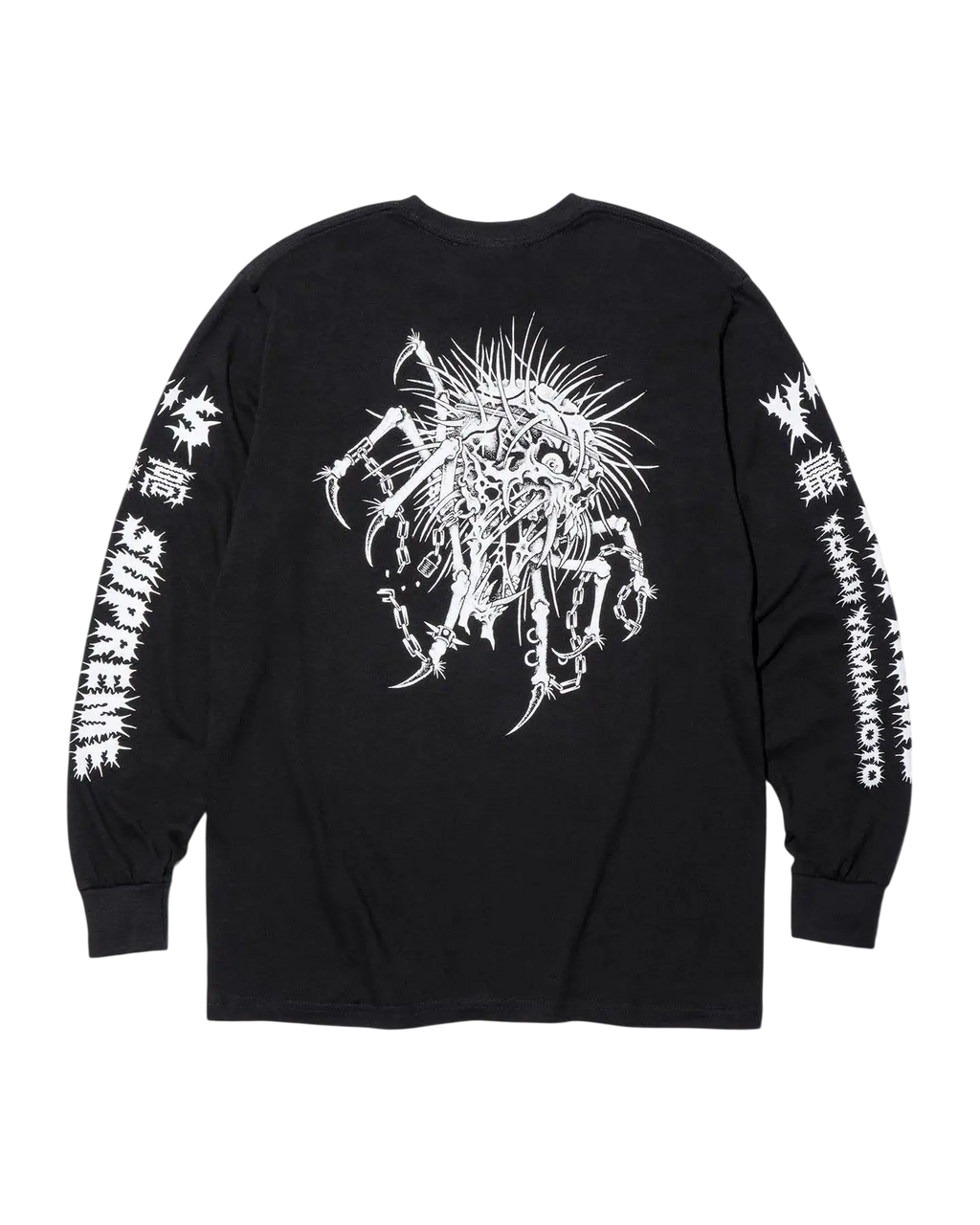 Black long-sleeve supreme ys by yohji yamamoto t-shirt with white skeletal creature graphic and sleeve text on the back side