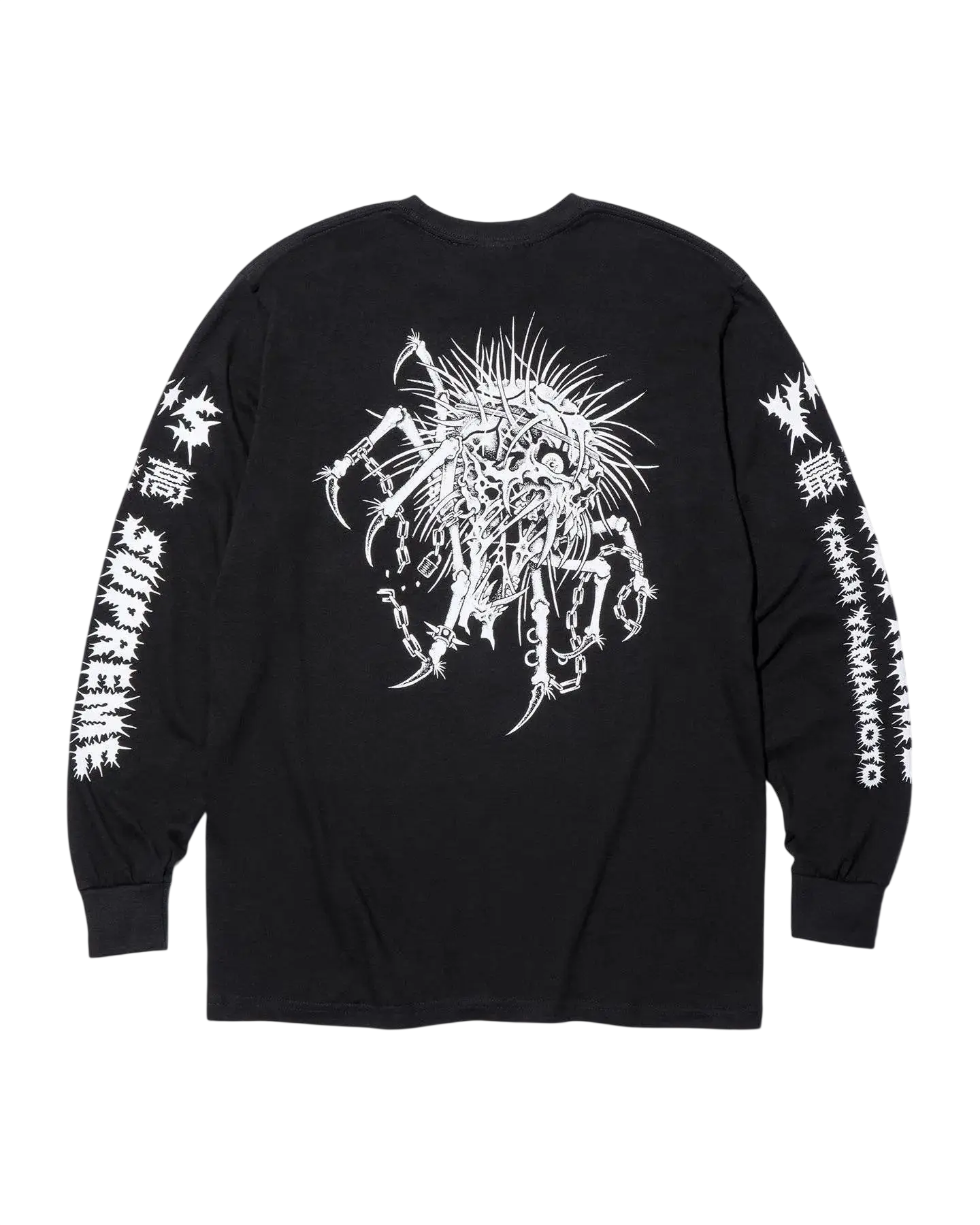 Black long-sleeve supreme ys by yohji yamamoto t-shirt with white skeletal creature graphic and sleeve text on the back side