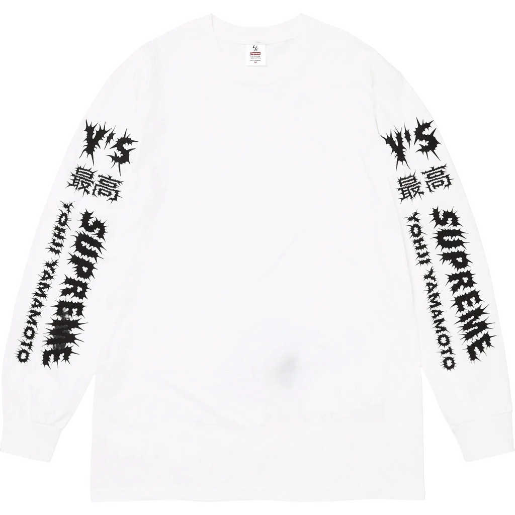 Supreme Y’s By Yohji Yamamoto long-sleeve white t-shirt with black spiked lettering and japanese characters on sleeves