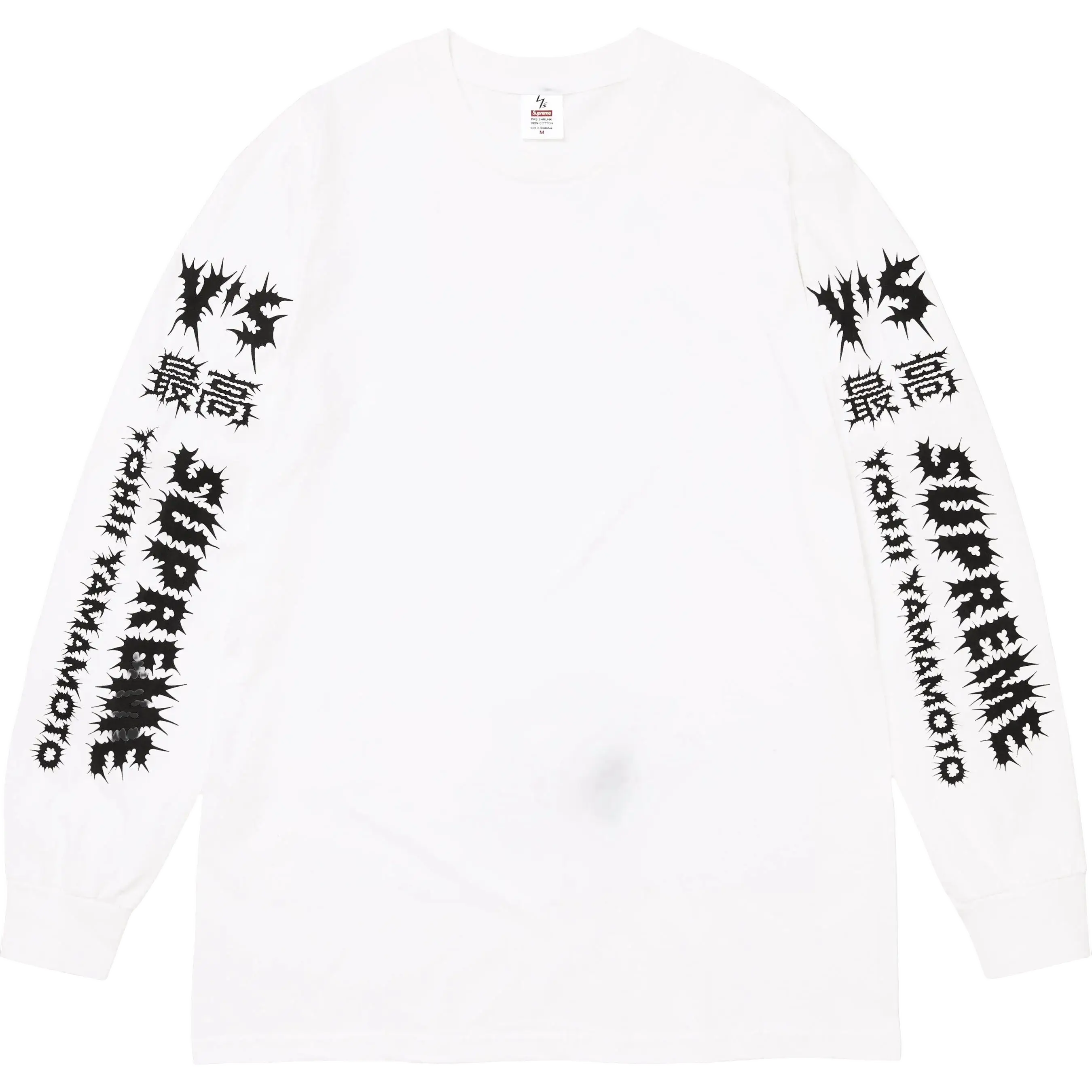 Supreme Y’s By Yohji Yamamoto long-sleeve white t-shirt with black spiked lettering and japanese characters on sleeves