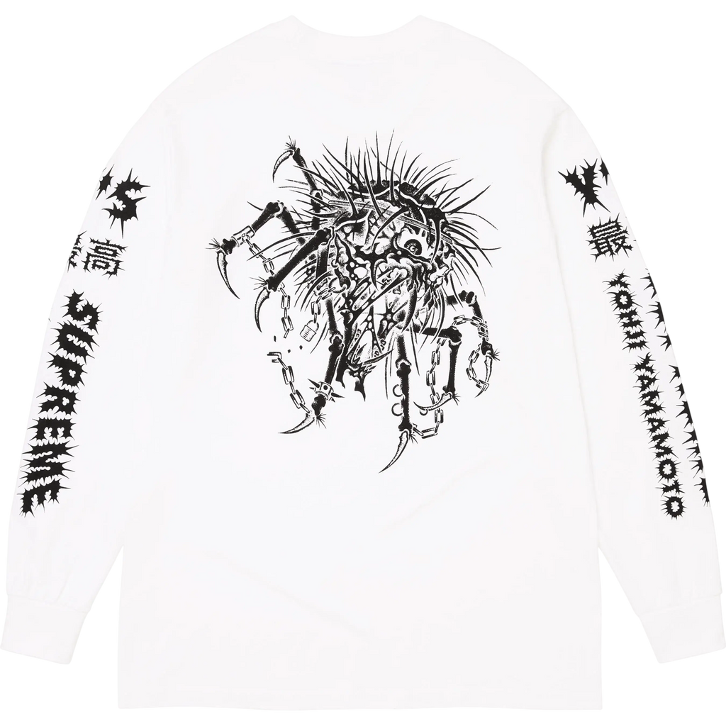 White Supreme Y’s by Yohji Yamamoto long-sleeve tee with black spiked insect graphic chains and sharp claws on front