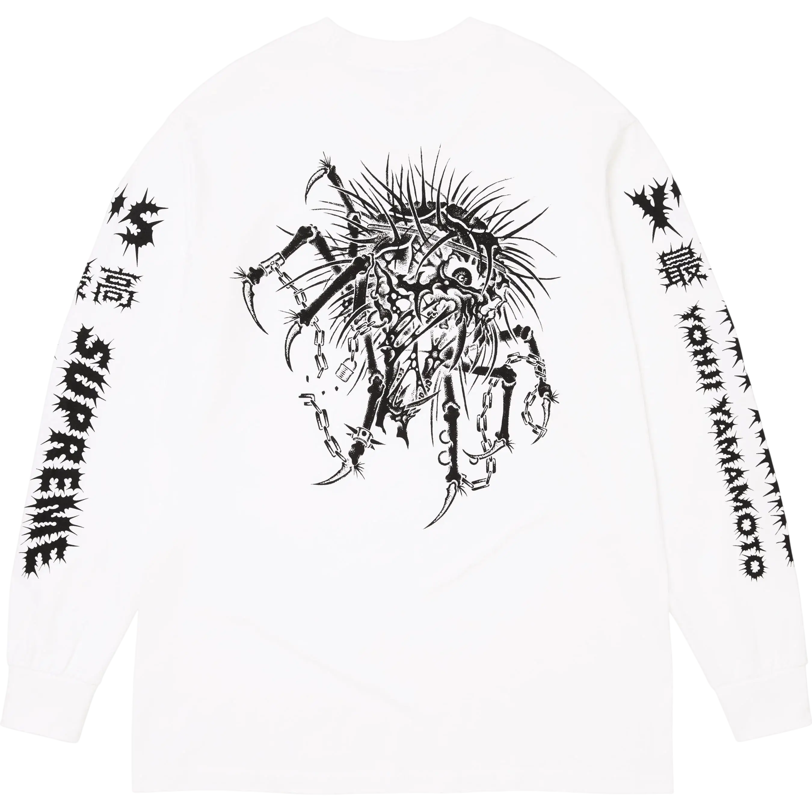 White Supreme Y’s by Yohji Yamamoto long-sleeve tee with black spiked insect graphic chains and sharp claws on front