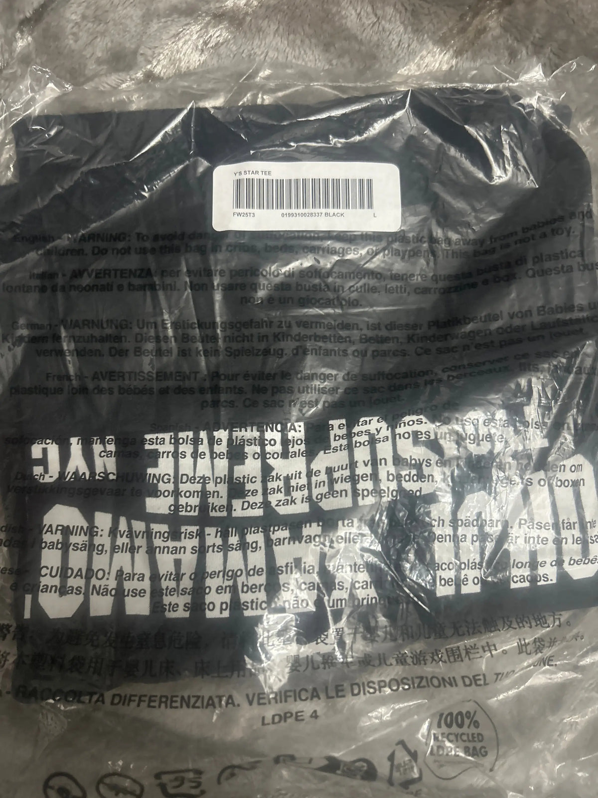 Supreme Y's by Yohji Yamamoto T-Shirt Black Large