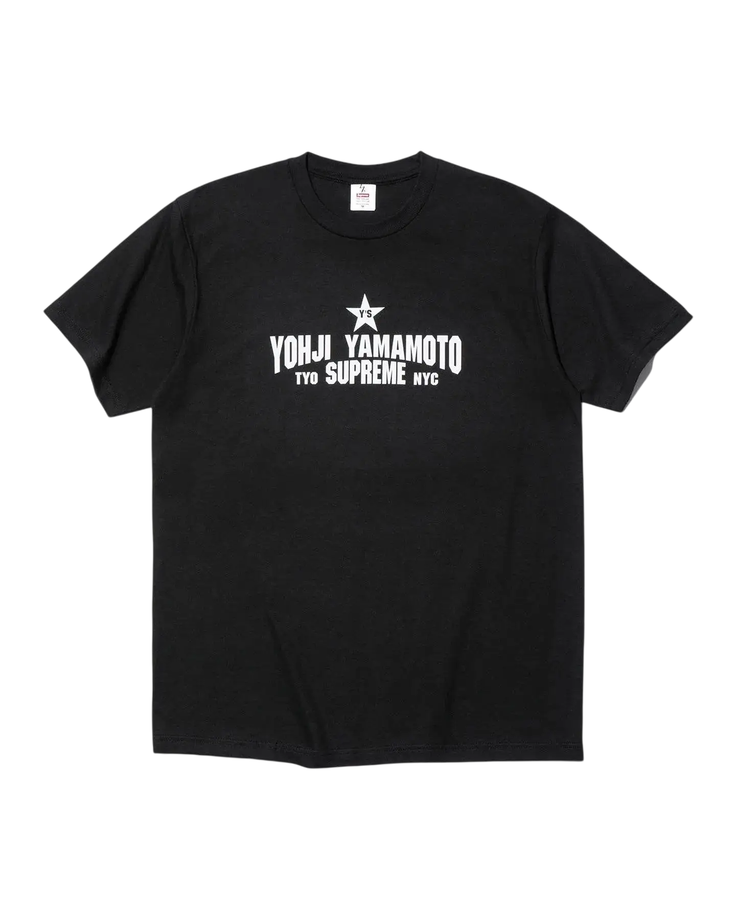 Black short-sleeved Supreme Y’s by Yohji Yamamoto t-shirt with white graphic print and star detailing