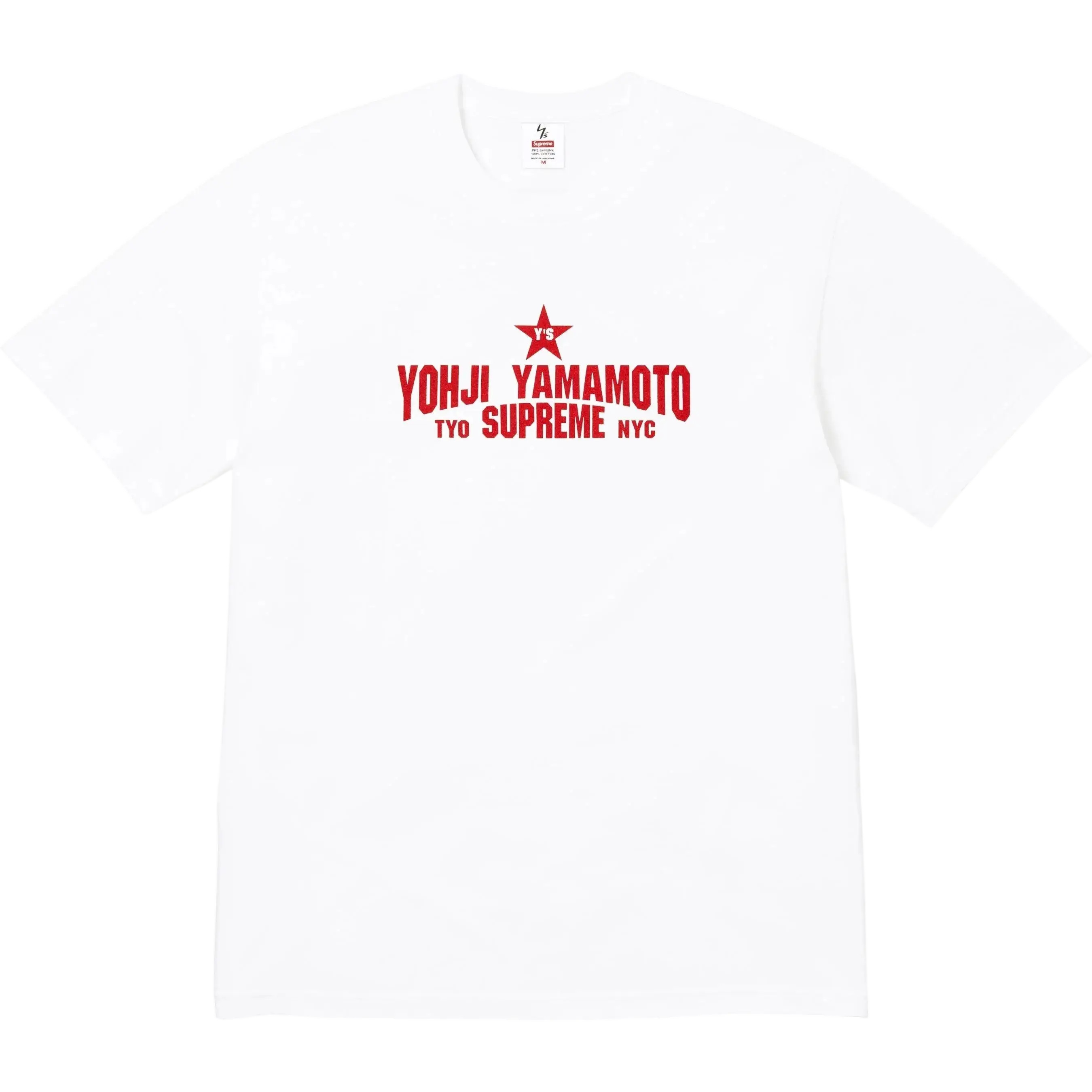 White cotton Supreme ys by Yohji Yamamoto t-shirt with bold red star logo and yohji yamamoto tyo supreme nyc text