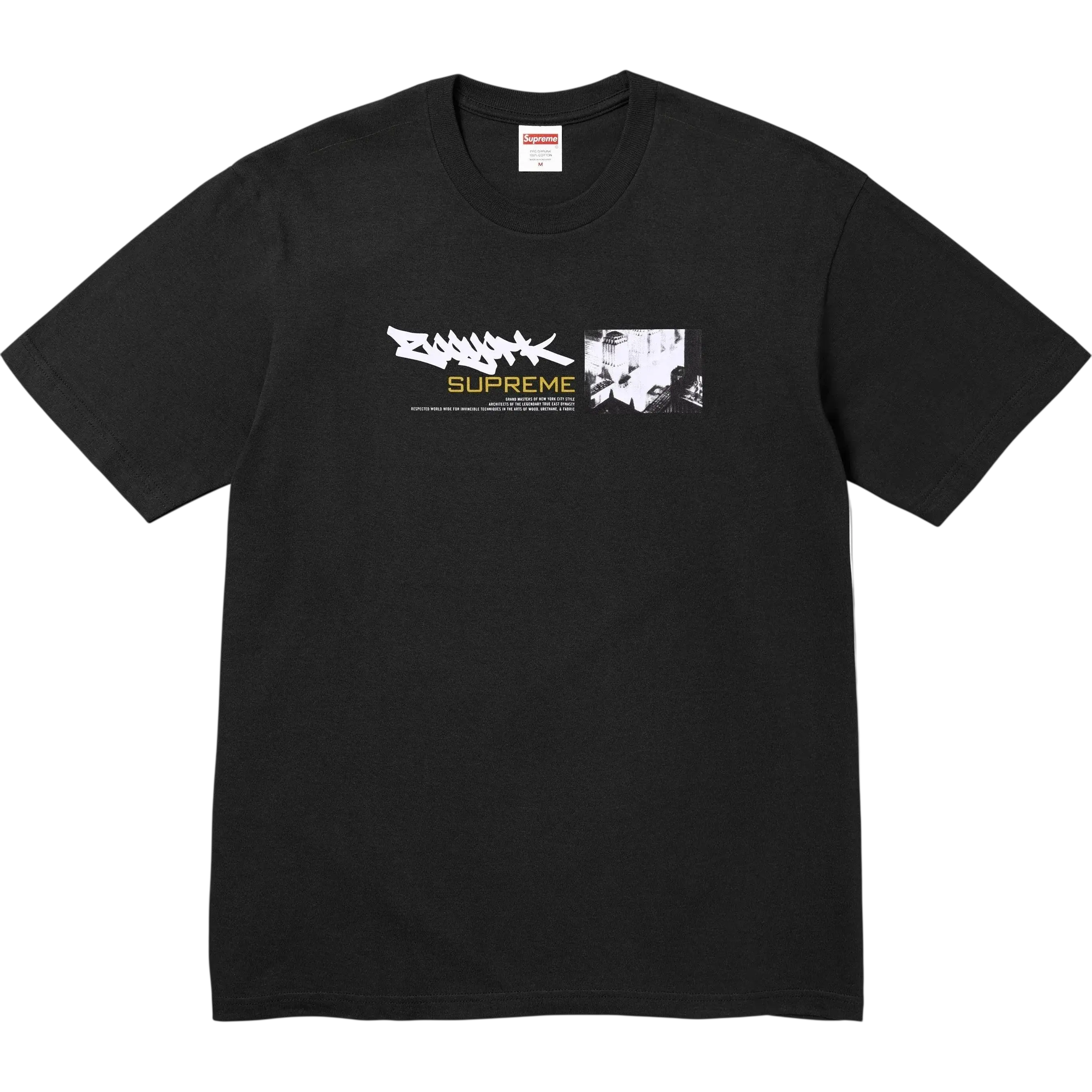 Black Supreme Zoo York t-shirt featuring a white and gold graffiti style damned graphic with brand name below
