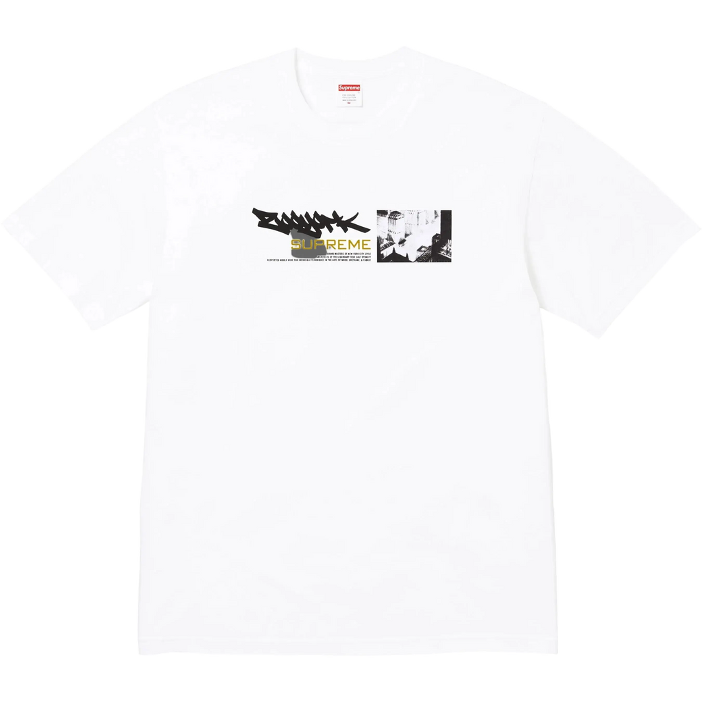 White Supreme Zoo York t-shirt featuring a black and gold graphic with bold Supreme lettering on front