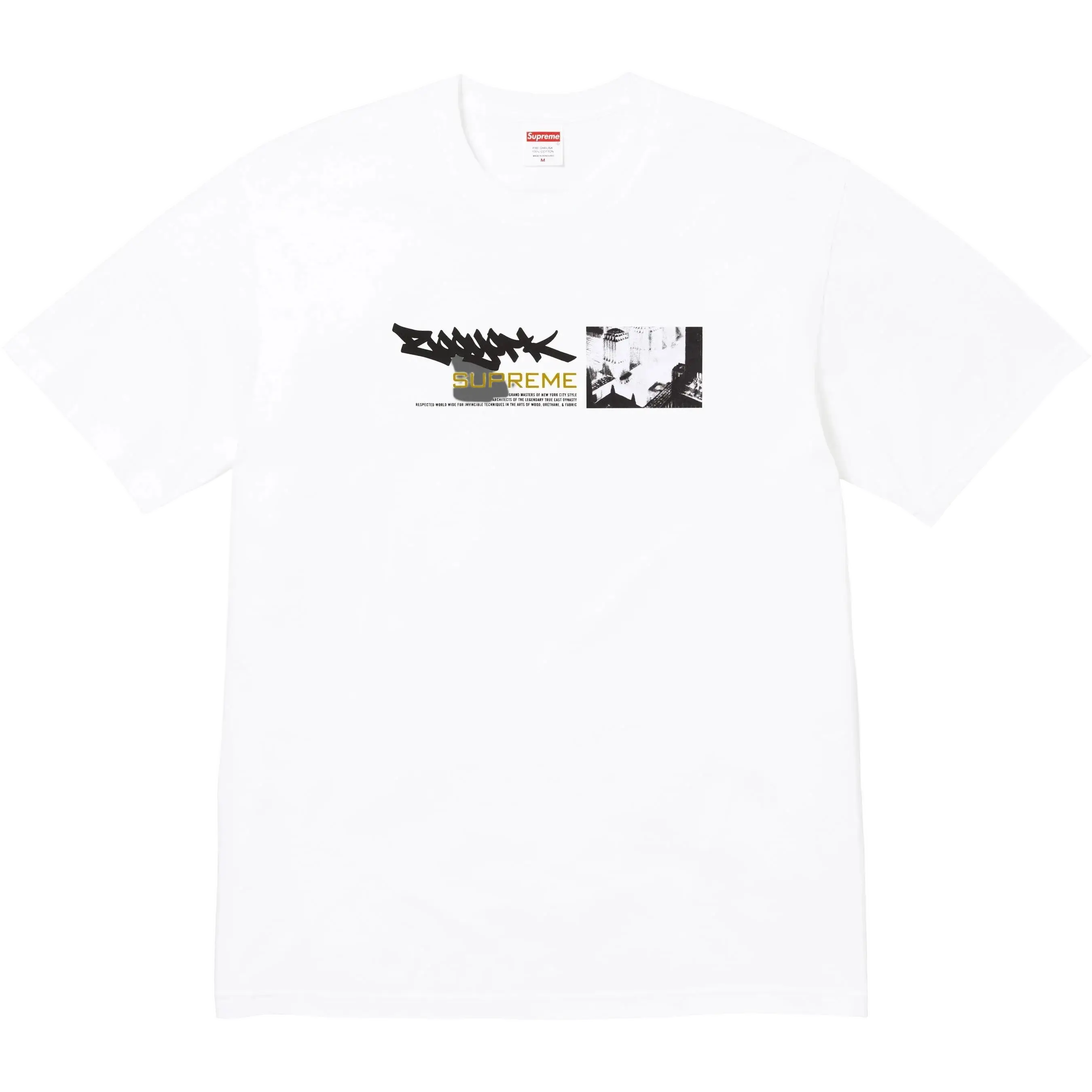 White Supreme Zoo York t-shirt featuring a black and gold graphic with bold Supreme lettering on front