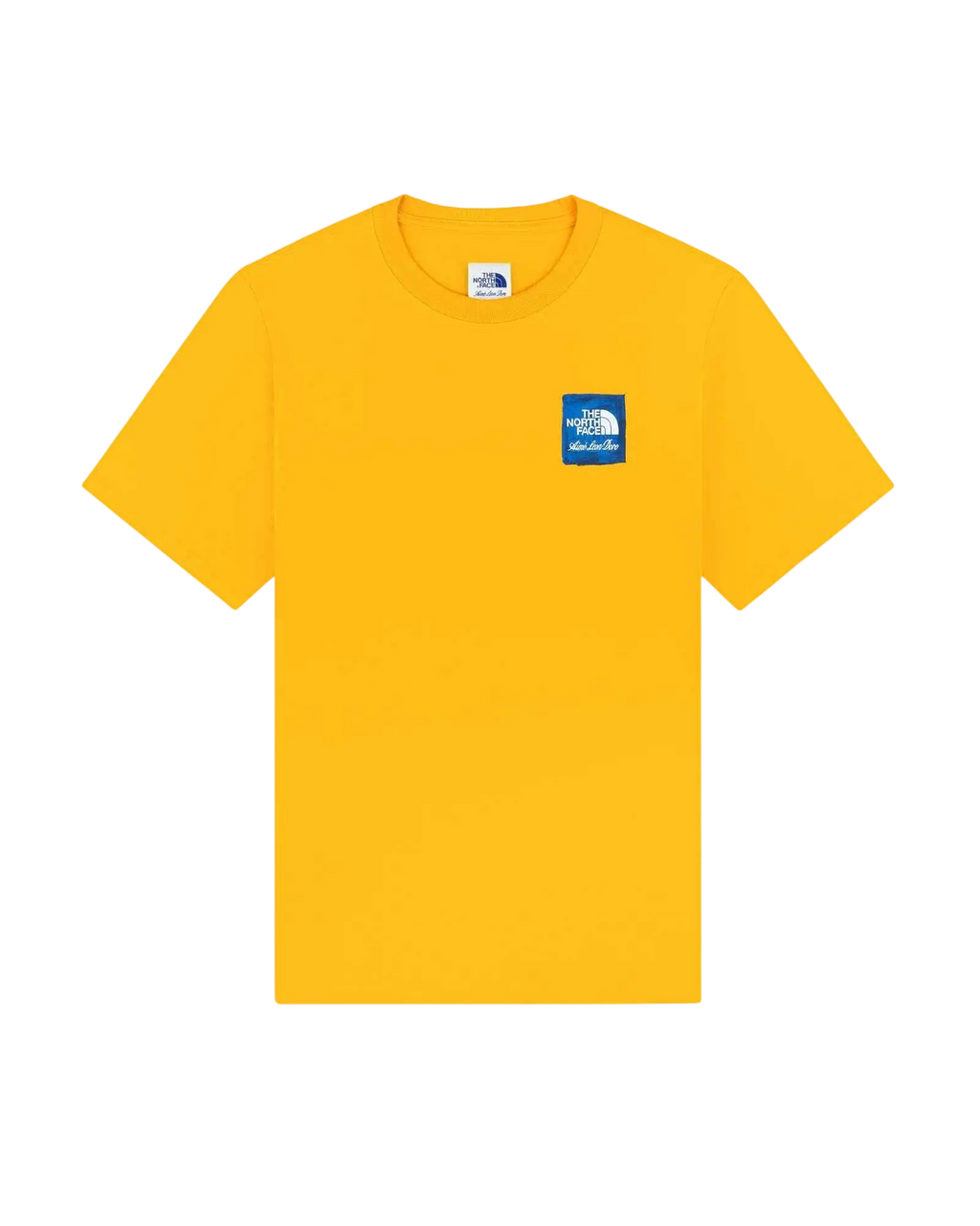 Bright yellow short-sleeved t-shirt with blue The North Face logo patch on left chest from The North Face x Aime Leon Dore Gold collection