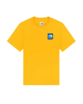 Bright yellow short-sleeved t-shirt with blue The North Face logo patch on left chest from The North Face x Aime Leon Dore Gold collection