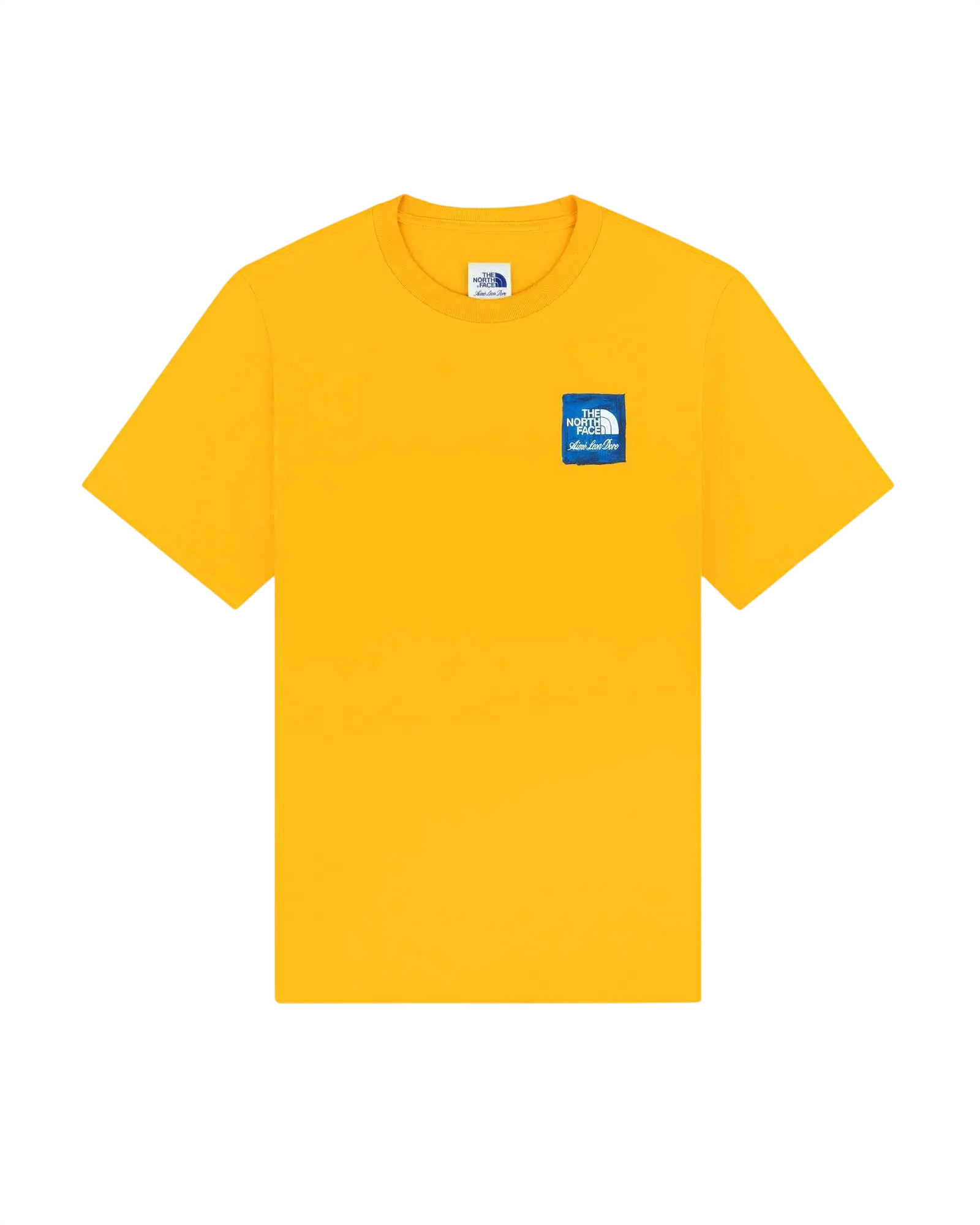 Bright yellow short-sleeved t-shirt with blue The North Face logo patch on left chest from The North Face x Aime Leon Dore Gold collection
