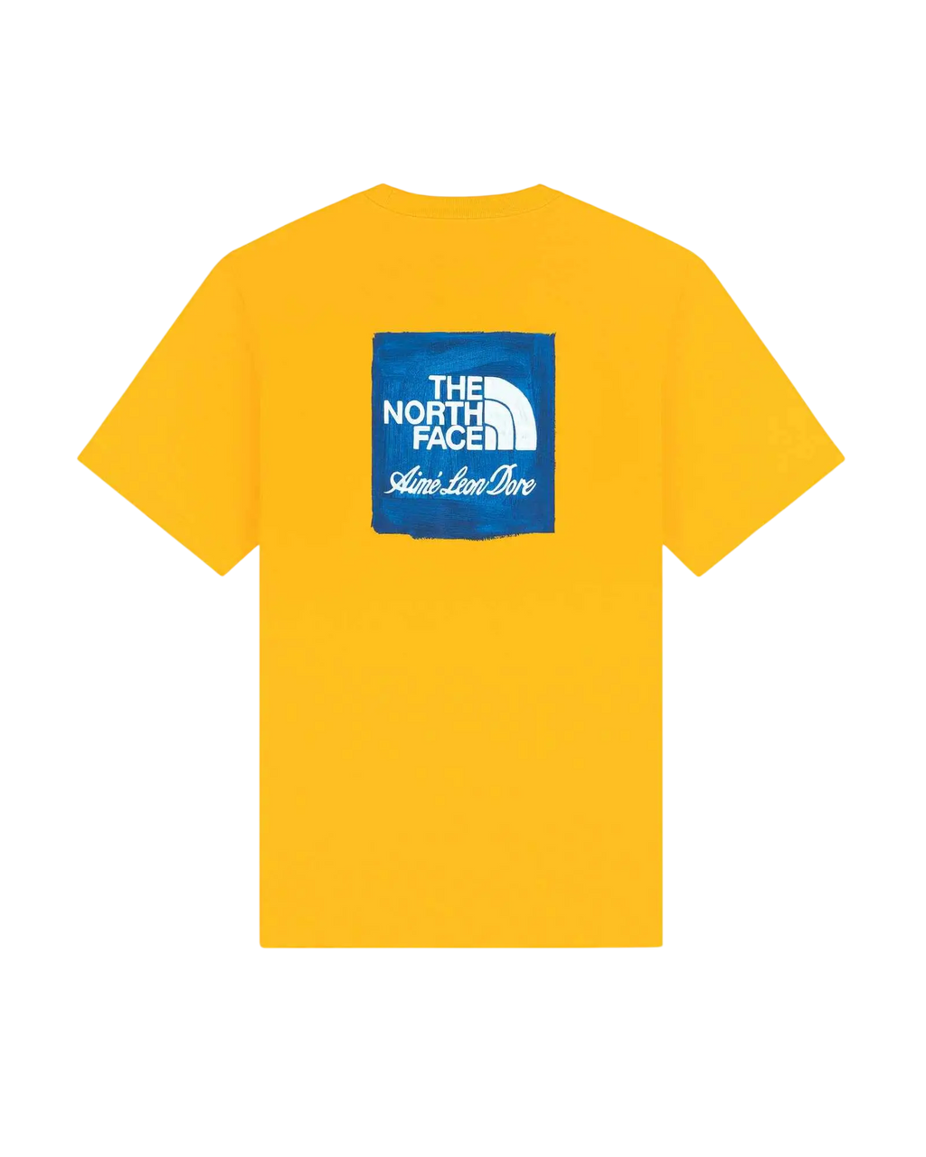 Yellow short-sleeved t-shirt with blue square the north face and aime leon dore logo on front titled the north face x aime leon dore gold