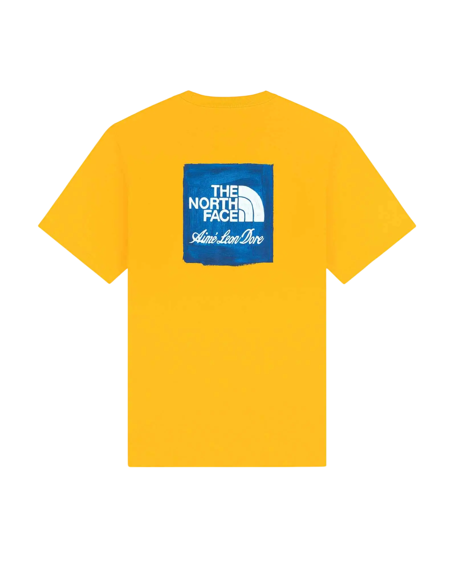 Yellow short-sleeved t-shirt with blue square the north face and aime leon dore logo on front titled the north face x aime leon dore gold