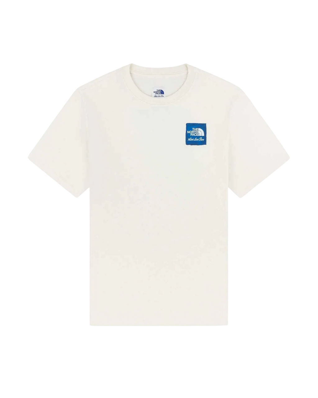 Cream-colored short-sleeved t-shirt with blue rectangular the north face logo patch on left chest from the north face x aime leon dore